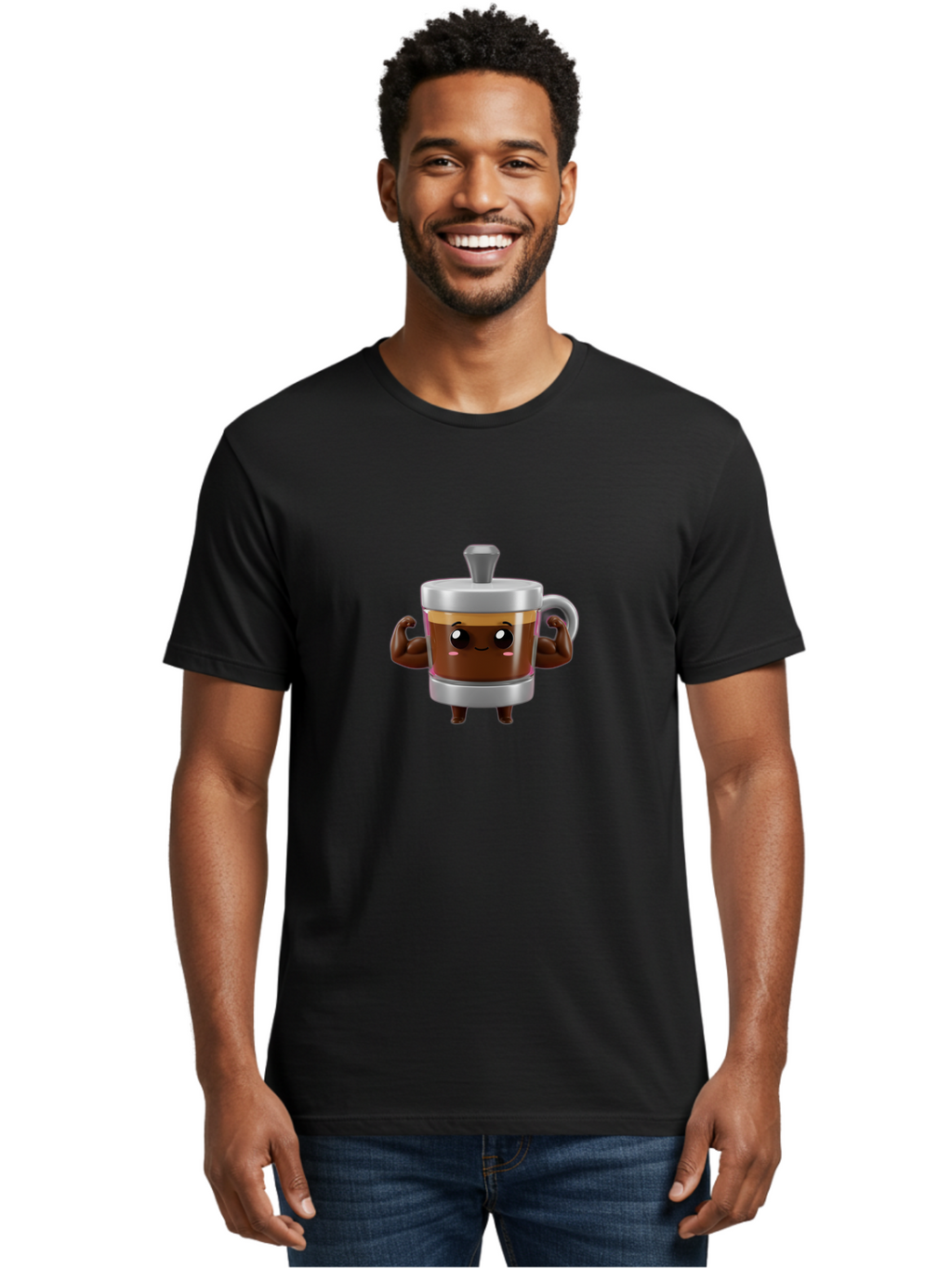 Coffee-Mug Men'S Graphic Tee, 100% Cotton, Comfortable Casual Summer Wear, Machine Washable, Cartoon Coffee Cup, Flexing Arms, Happy Face, Silver Lid, Brown Coffee, Espresso, Morning Pick-Me-Up, Caffeine Boost, Funny Character, 3D Illustration Bab805
