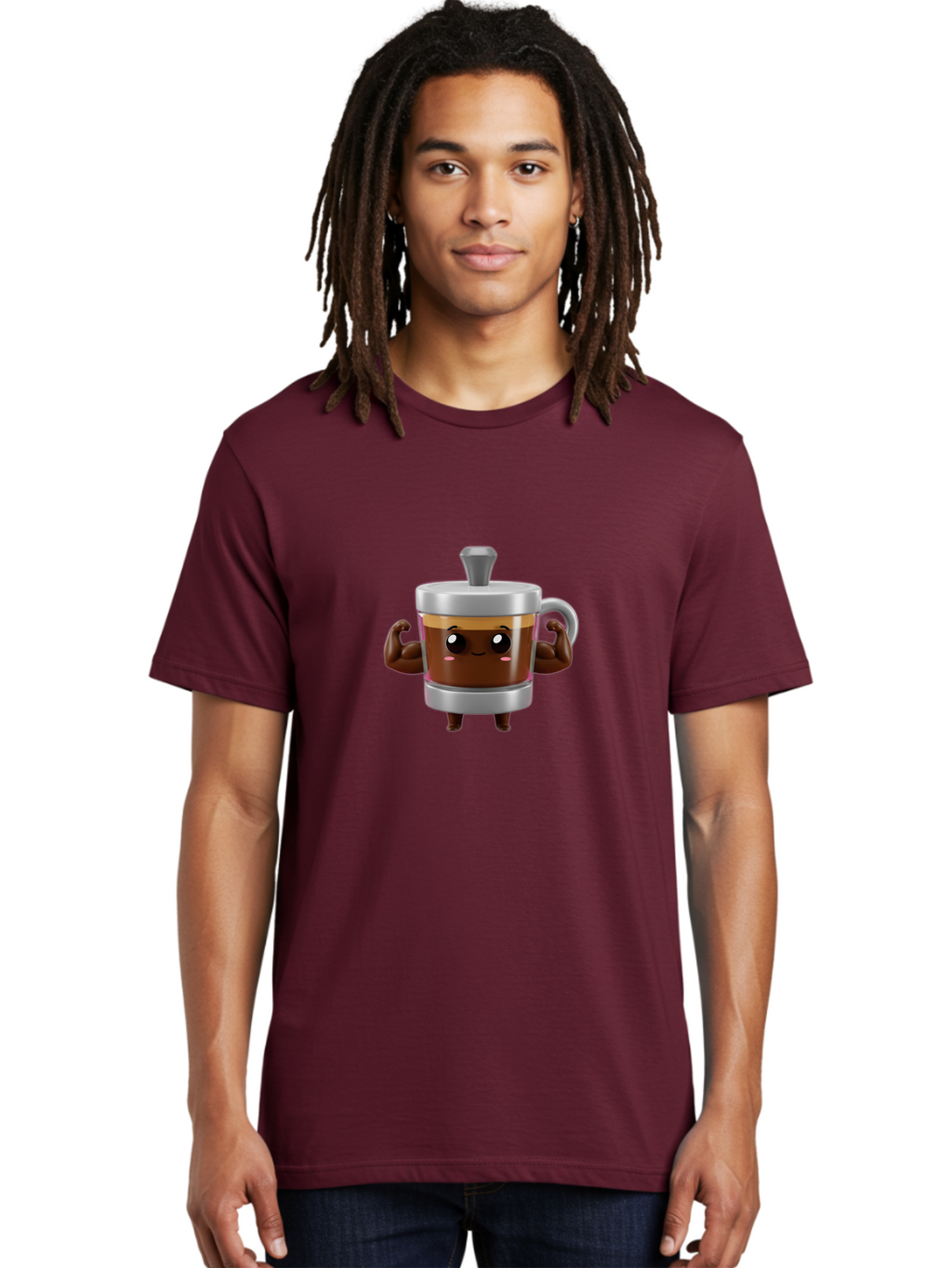 Coffee-Mug Men'S Graphic Tee, 100% Cotton, Comfortable Casual Summer Wear, Machine Washable, Cartoon Coffee Cup, Flexing Arms, Happy Face, Silver Lid, Brown Coffee, Espresso, Morning Pick-Me-Up, Caffeine Boost, Funny Character, 3D Illustration Bab805
