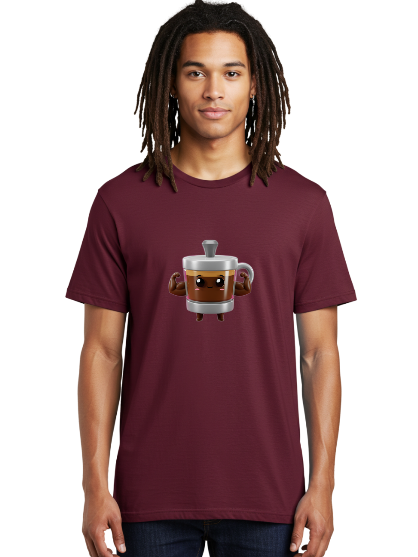 Coffee-Mug Men'S Graphic Tee, 100% Cotton, Comfortable Casual Summer Wear, Machine Washable, Cartoon Coffee Cup, Flexing Arms, Happy Face, Silver Lid, Brown Coffee, Espresso, Morning Pick-Me-Up, Caffeine Boost, Funny Character, 3D Illustration Bab805