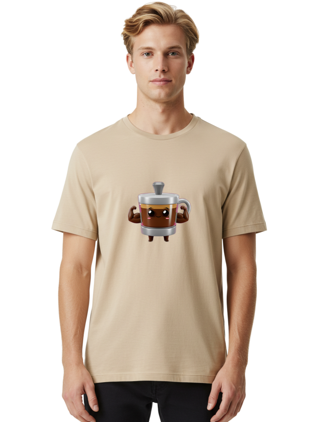 Coffee-Mug Men'S Graphic Tee, 100% Cotton, Comfortable Casual Summer Wear, Machine Washable, Cartoon Coffee Cup, Flexing Arms, Happy Face, Silver Lid, Brown Coffee, Espresso, Morning Pick-Me-Up, Caffeine Boost, Funny Character, 3D Illustration Bab805