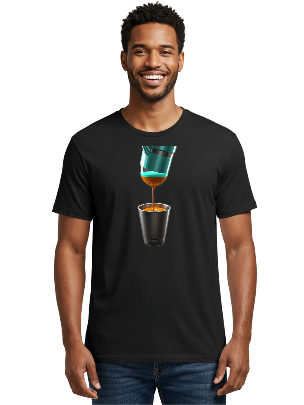 Coffee-Pouring Men'S Graphic Tee, 100% Cotton, Comfortable Casual Summer Wear, Machine Washable, Espresso Being Poured, Coffee Machine, Dark Brown Liquid, Small Black Cup, Crema On Top, Coffee Lover, Morning Routine, Espresso Shot Bab807