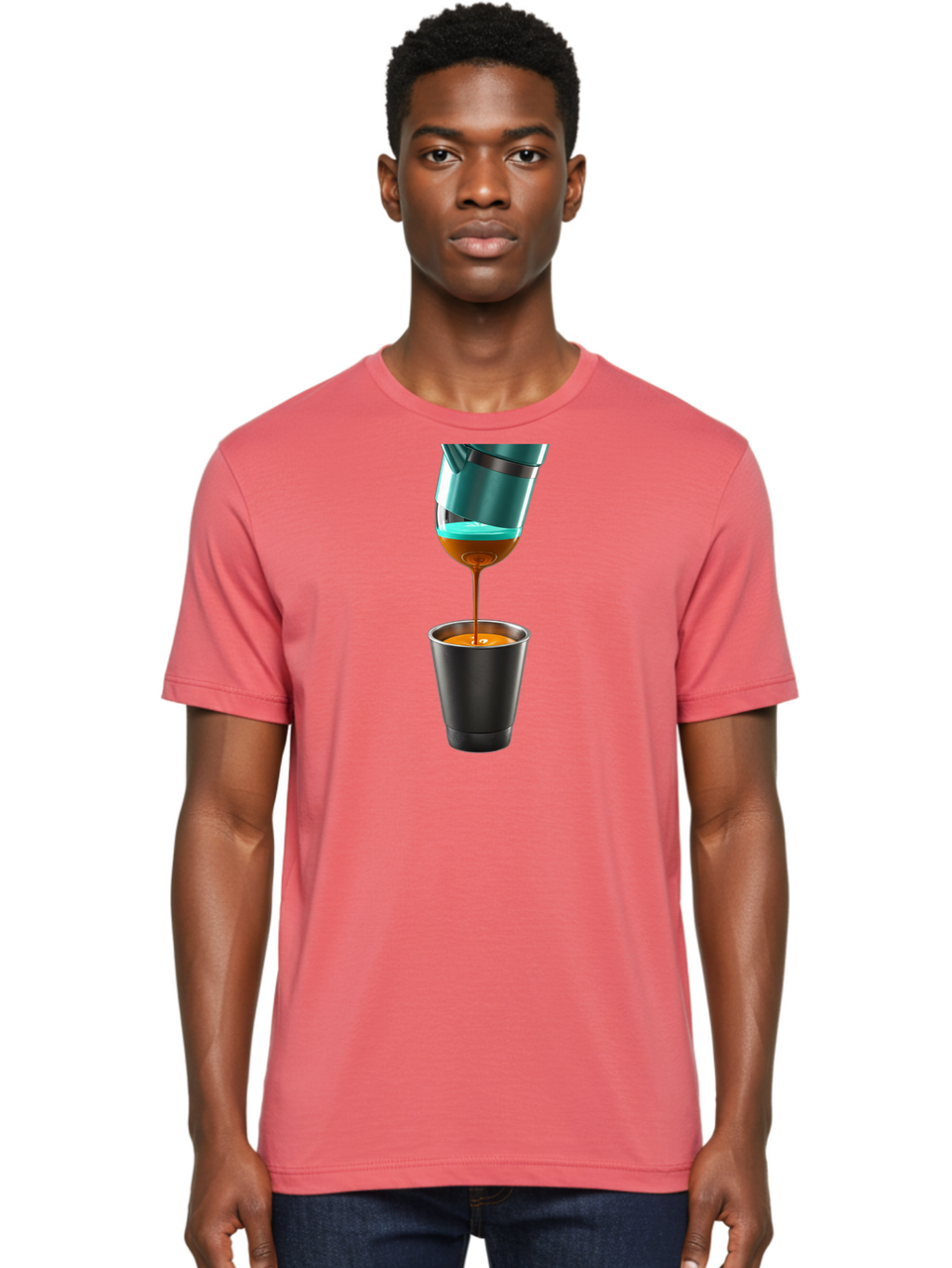 Coffee-Pouring Men'S Graphic Tee, 100% Cotton, Comfortable Casual Summer Wear, Machine Washable, Espresso Being Poured, Coffee Machine, Dark Brown Liquid, Small Black Cup, Crema On Top, Coffee Lover, Morning Routine, Espresso Shot Bab807