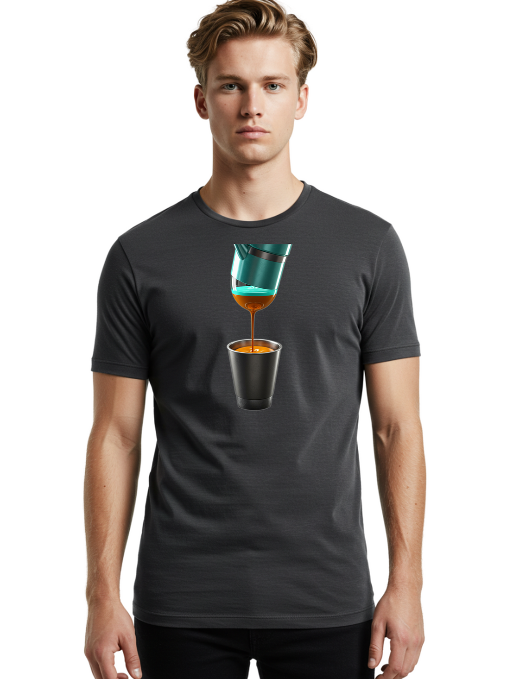 Coffee-Pouring Men'S Graphic Tee, 100% Cotton, Comfortable Casual Summer Wear, Machine Washable, Espresso Being Poured, Coffee Machine, Dark Brown Liquid, Small Black Cup, Crema On Top, Coffee Lover, Morning Routine, Espresso Shot Bab807