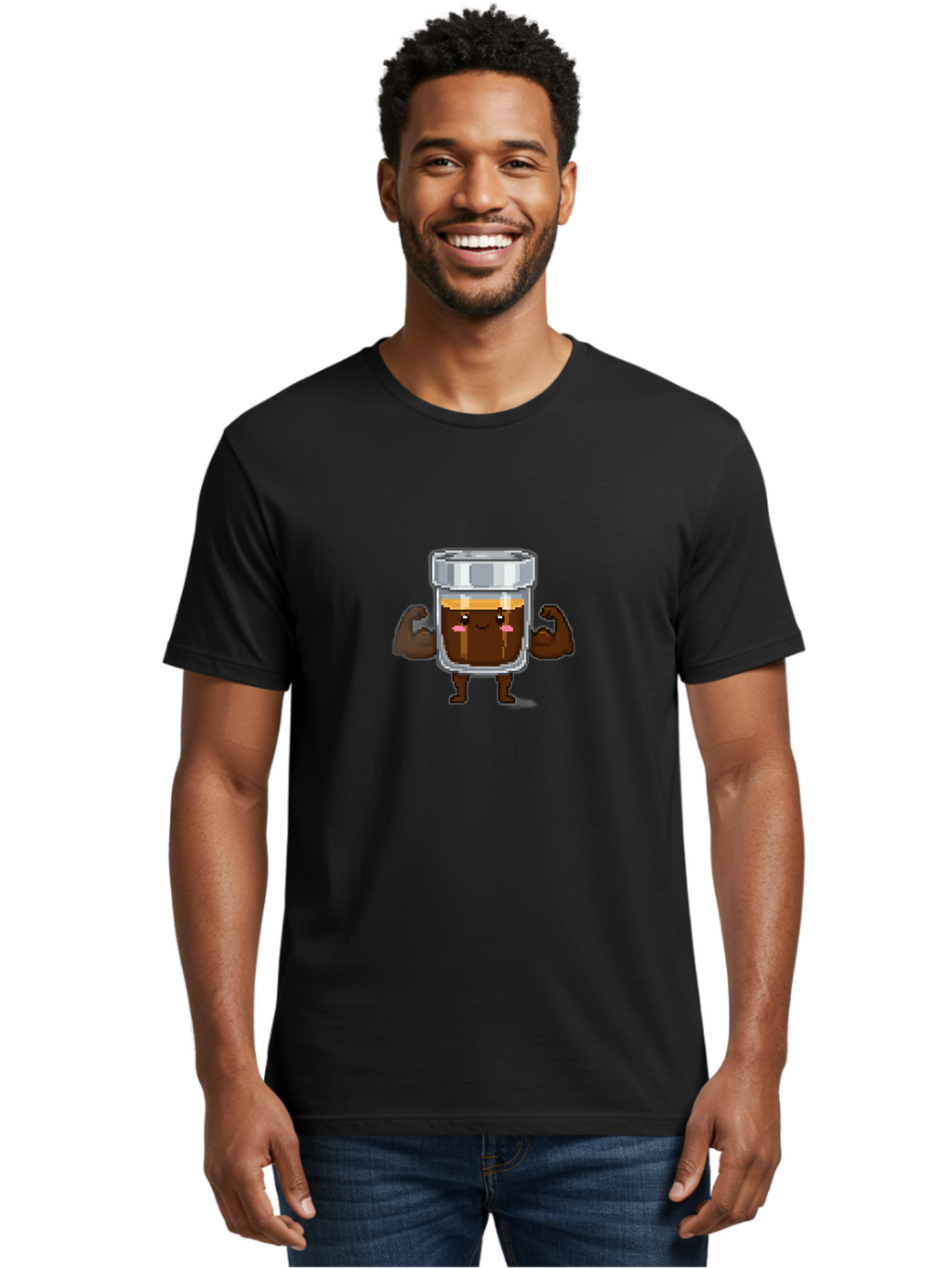 Cold-Brew Men'S Graphic Tee, 100% Cotton, Comfortable Casual Summer Wear, Machine Washable, Flexible Coffee, Coffee In A Jar, Caffeine Boost, Cartoon Character, Strong And Fit, Humorous Illustration, Pixel Art Bab809