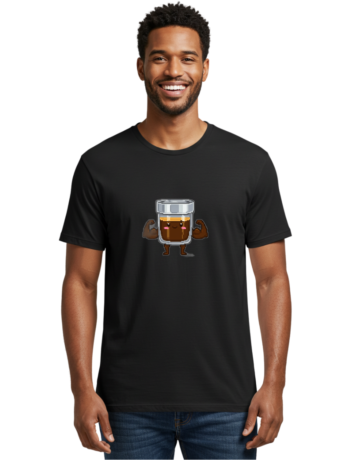 Cold-Brew Men'S Graphic Tee, 100% Cotton, Comfortable Casual Summer Wear, Machine Washable, Flexible Coffee, Coffee In A Jar, Caffeine Boost, Cartoon Character, Strong And Fit, Humorous Illustration, Pixel Art Bab809