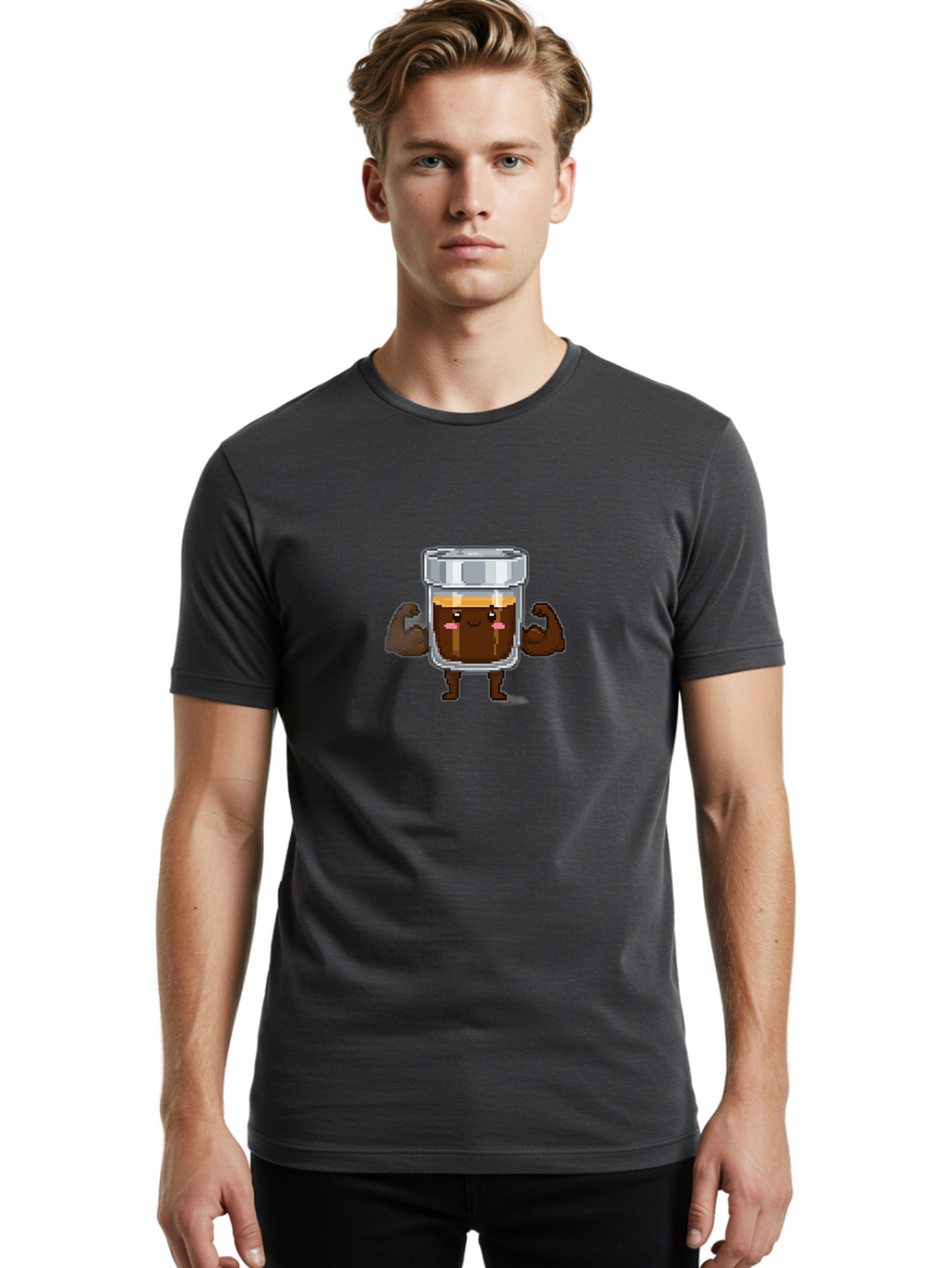 Cold-Brew Men'S Graphic Tee, 100% Cotton, Comfortable Casual Summer Wear, Machine Washable, Flexible Coffee, Coffee In A Jar, Caffeine Boost, Cartoon Character, Strong And Fit, Humorous Illustration, Pixel Art Bab809