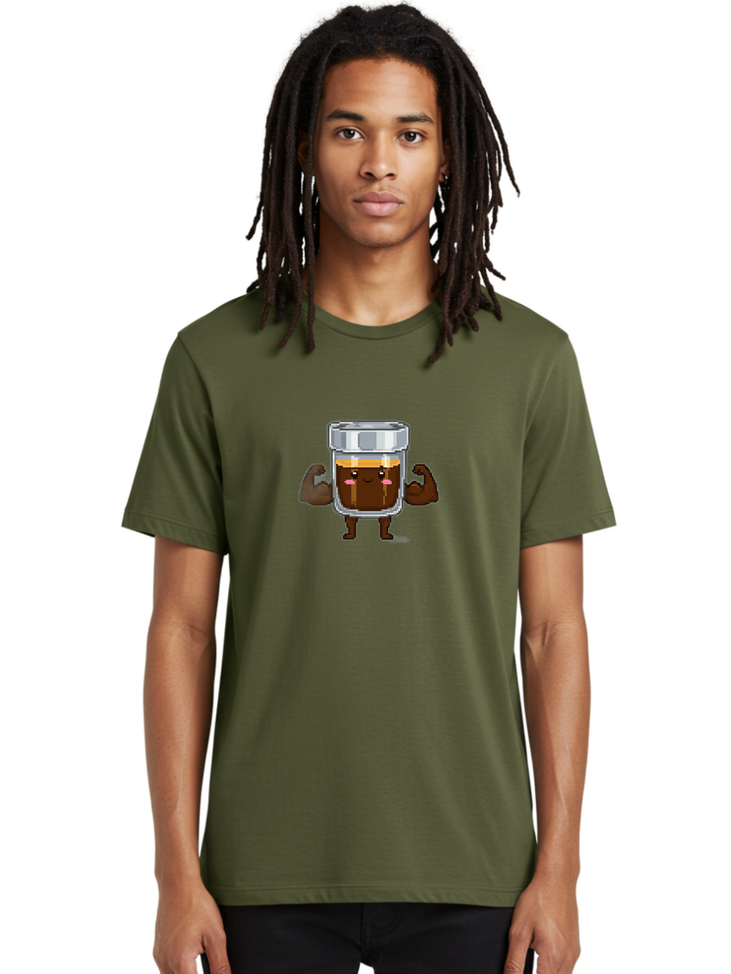Cold-Brew Men'S Graphic Tee, 100% Cotton, Comfortable Casual Summer Wear, Machine Washable, Flexible Coffee, Coffee In A Jar, Caffeine Boost, Cartoon Character, Strong And Fit, Humorous Illustration, Pixel Art Bab809