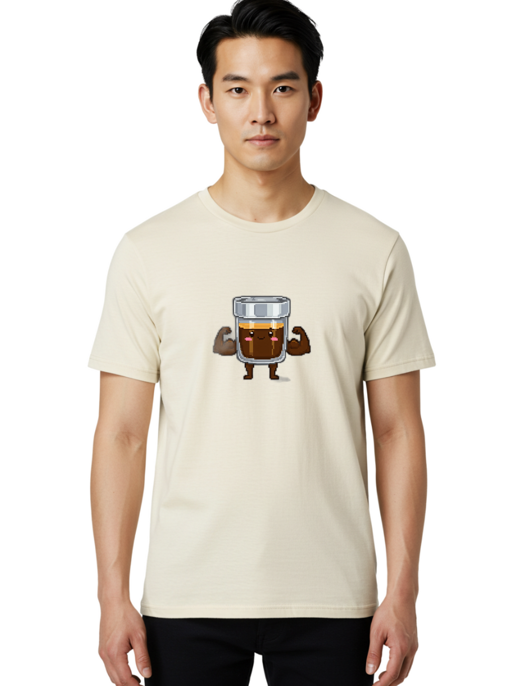 Cold-Brew Men'S Graphic Tee, 100% Cotton, Comfortable Casual Summer Wear, Machine Washable, Flexible Coffee, Coffee In A Jar, Caffeine Boost, Cartoon Character, Strong And Fit, Humorous Illustration, Pixel Art Bab809