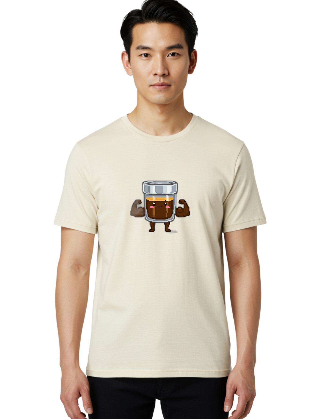 Cold-Brew Men'S Graphic Tee, 100% Cotton, Comfortable Casual Summer Wear, Machine Washable, Flexible Coffee, Coffee In A Jar, Caffeine Boost, Cartoon Character, Strong And Fit, Humorous Illustration, Pixel Art Bab809