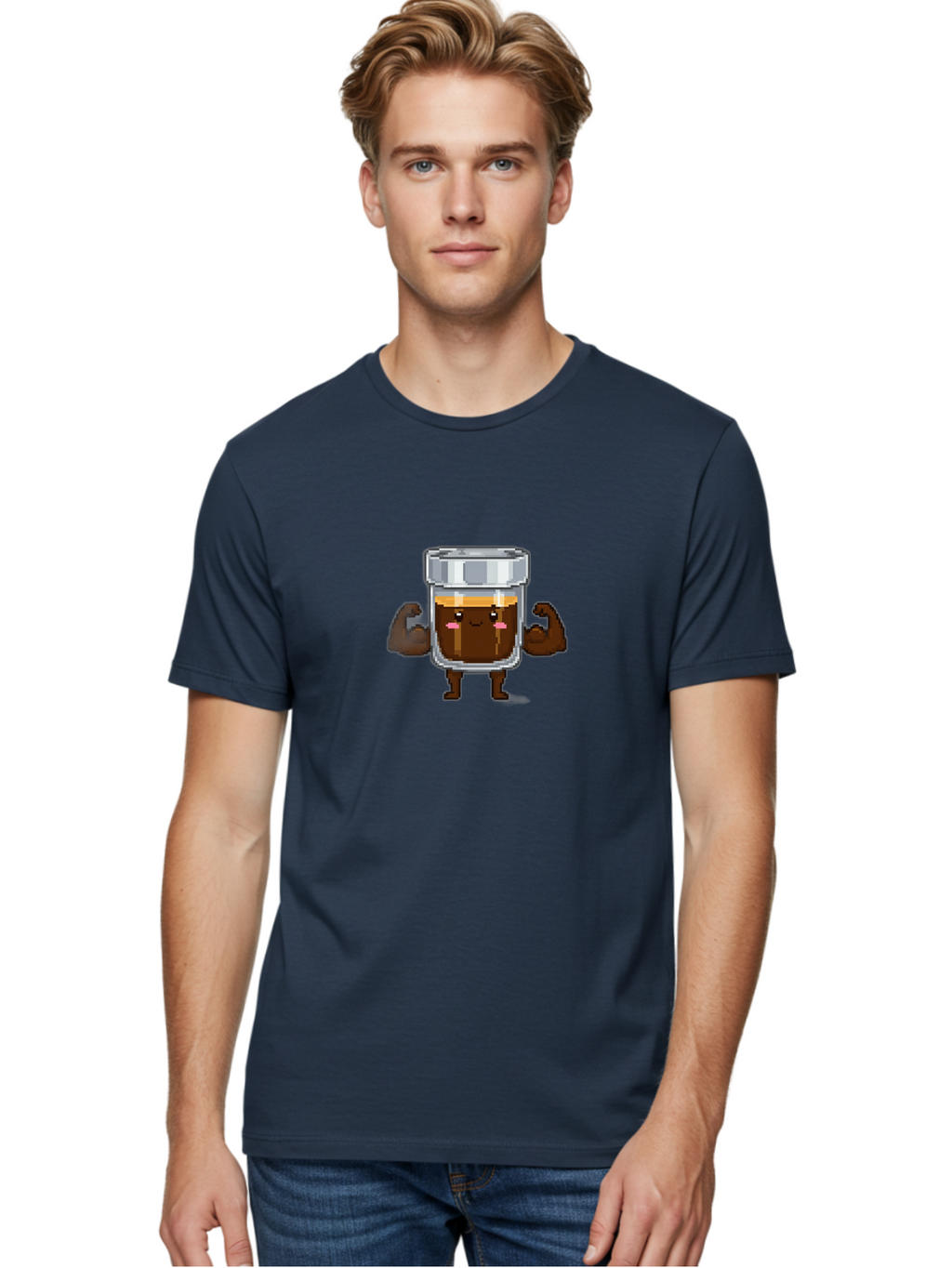 Cold-Brew Men'S Graphic Tee, 100% Cotton, Comfortable Casual Summer Wear, Machine Washable, Flexible Coffee, Coffee In A Jar, Caffeine Boost, Cartoon Character, Strong And Fit, Humorous Illustration, Pixel Art Bab809