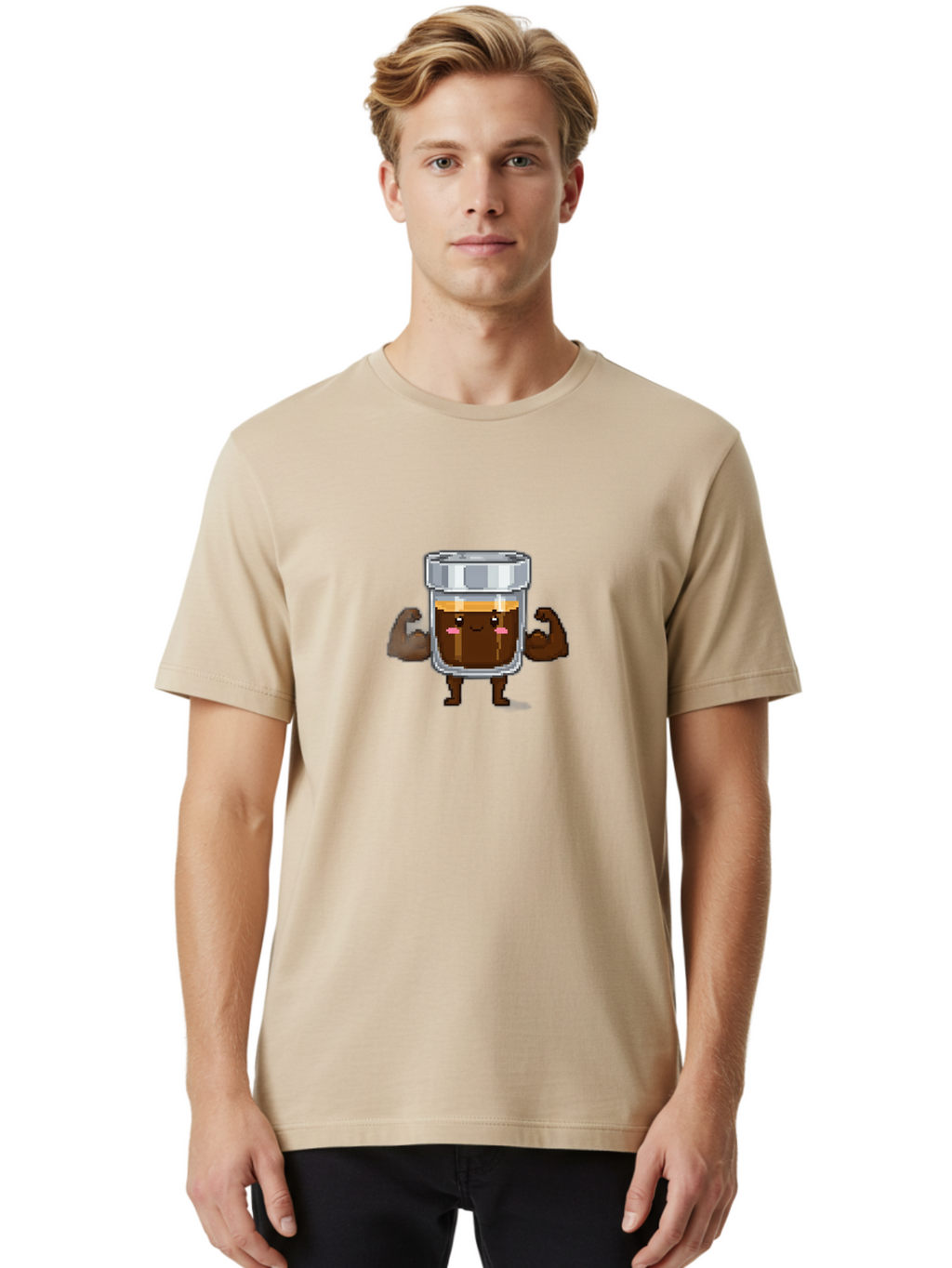 Cold-Brew Men'S Graphic Tee, 100% Cotton, Comfortable Casual Summer Wear, Machine Washable, Flexible Coffee, Coffee In A Jar, Caffeine Boost, Cartoon Character, Strong And Fit, Humorous Illustration, Pixel Art Bab809