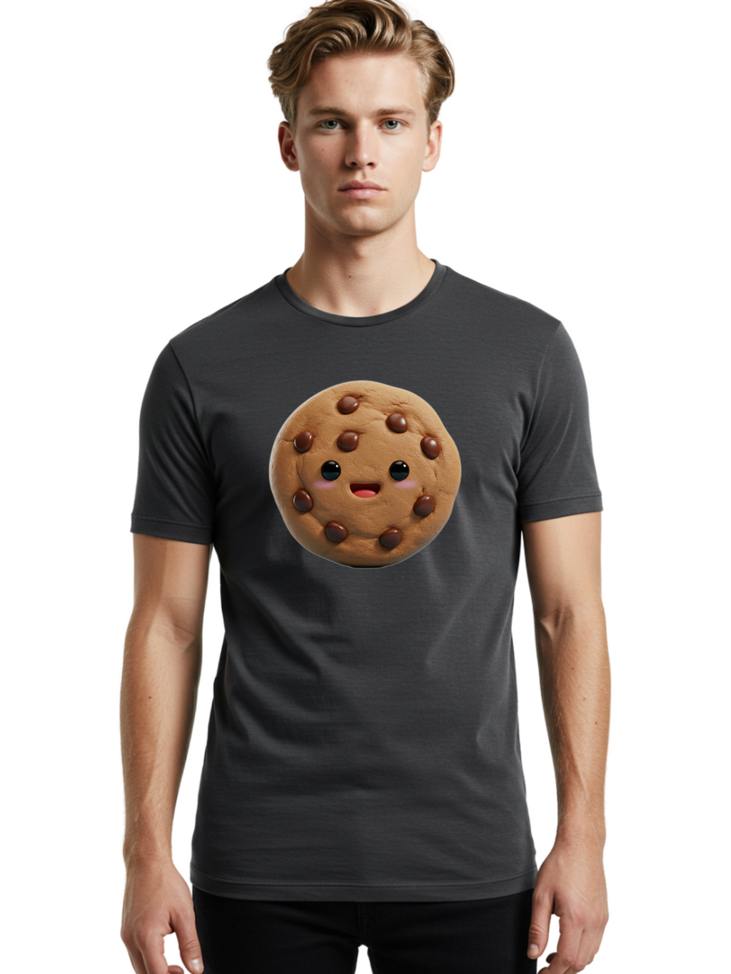 Cookie Men'S Graphic Tee, 100% Cotton, Comfortable Casual Summer Wear, Machine Washable, Chocolate Chip Cookie, Cartoon Cookie, Cookie Character, Cookie Face, Cute Cookie, Cookie Smile, Cookie Eyes, Cookie Mouth, Chocolate Chips Bab811