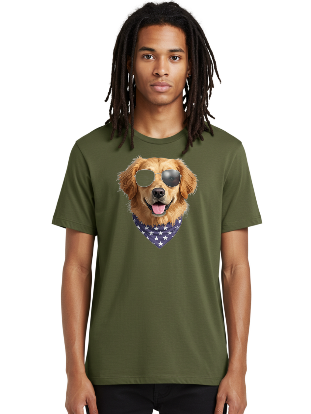 Cool-Dog-1 Men'S Graphic Tee, 100% Cotton, Comfortable Casual Summer Wear, Machine Washable, Funny Dog, Golden Retriever, Sunglasses, Patriotic Bandana, White Stars, Cool Canine, Dog Portrait, Stylish Pet, Playful Pup, American Flag Style Bab812