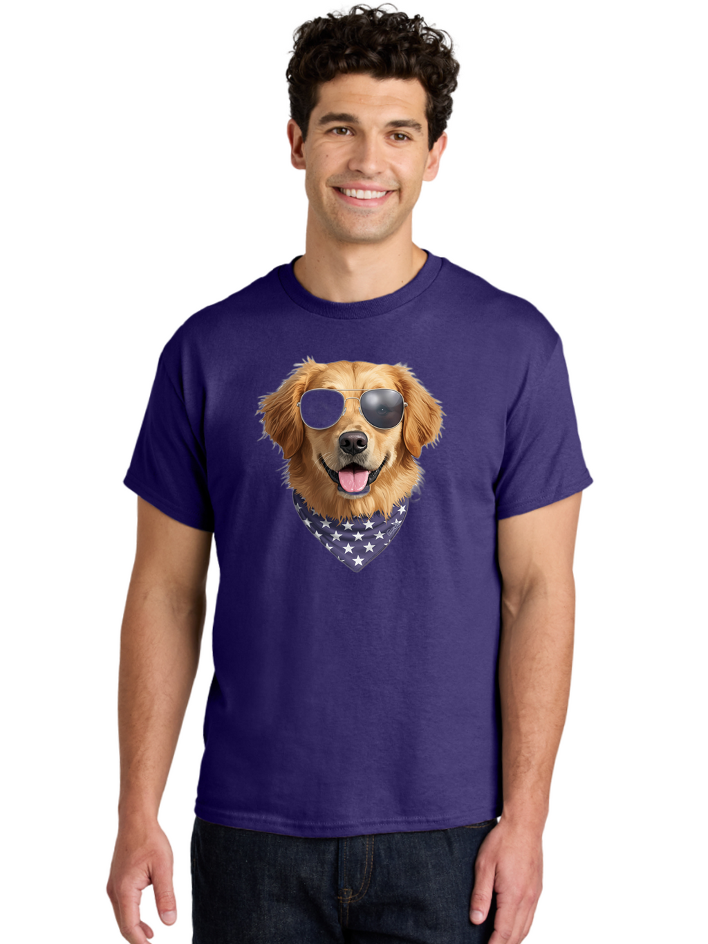 Cool-Dog-1 Men'S Graphic Tee, 100% Cotton, Comfortable Casual Summer Wear, Machine Washable, Funny Dog, Golden Retriever, Sunglasses, Patriotic Bandana, White Stars, Cool Canine, Dog Portrait, Stylish Pet, Playful Pup, American Flag Style Bab812