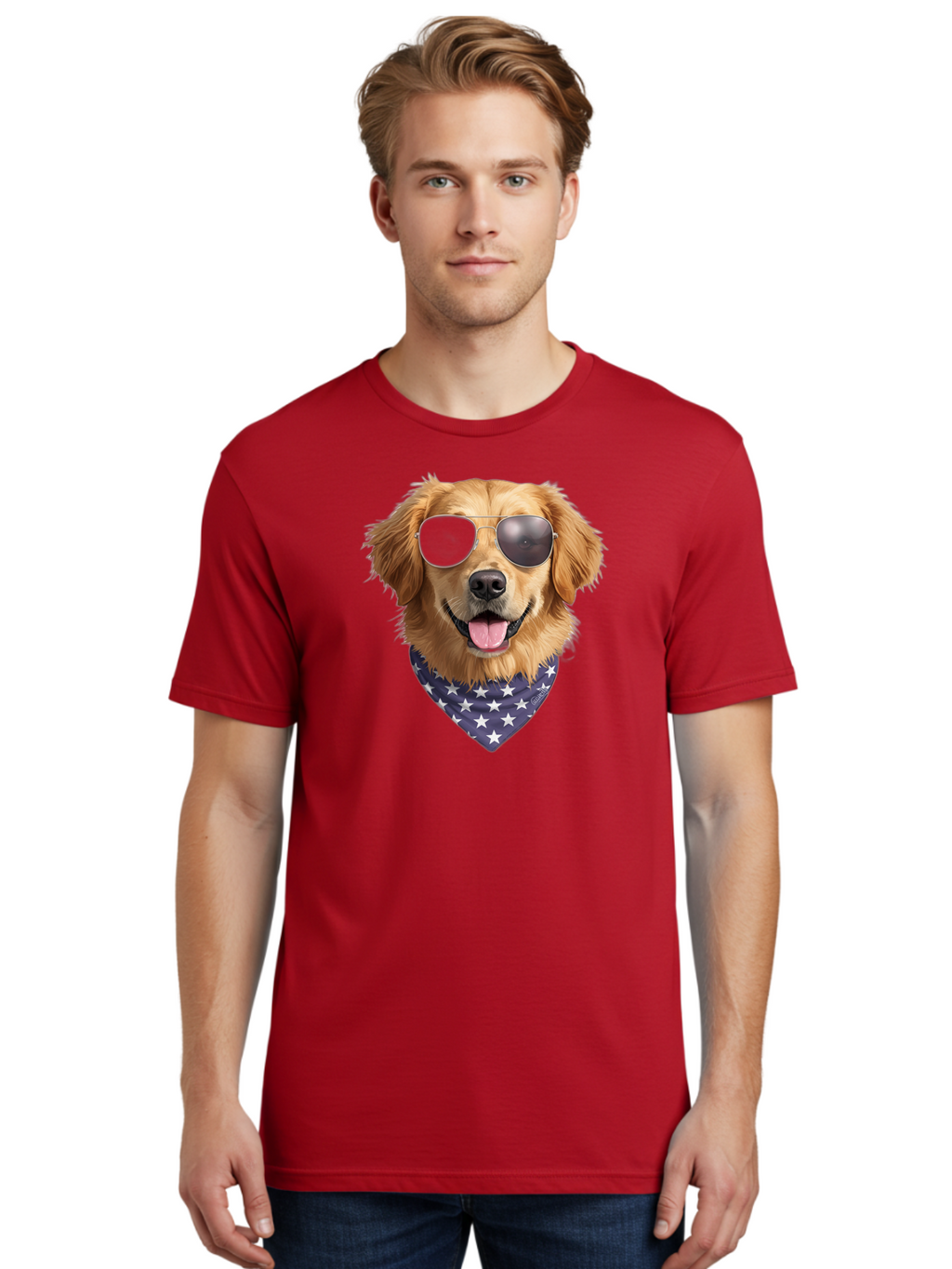 Cool-Dog-1 Men'S Graphic Tee, 100% Cotton, Comfortable Casual Summer Wear, Machine Washable, Funny Dog, Golden Retriever, Sunglasses, Patriotic Bandana, White Stars, Cool Canine, Dog Portrait, Stylish Pet, Playful Pup, American Flag Style Bab812