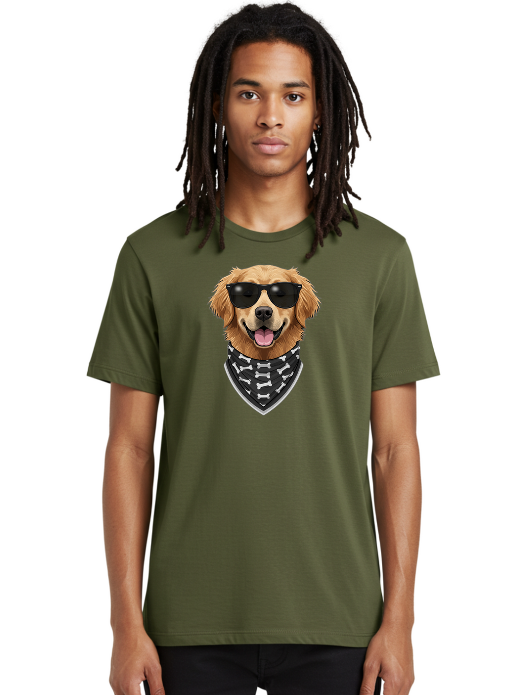 Cool-Dog-2 Men'S Graphic Tee, 100% Cotton, Comfortable Casual Summer Wear, Machine Washable, Golden Retriever Dog, Sunglasses, Bandana, Bone Pattern, Dog Fashion, Cool Dog, Cartoon Style, Humor, Fun Design Bab813