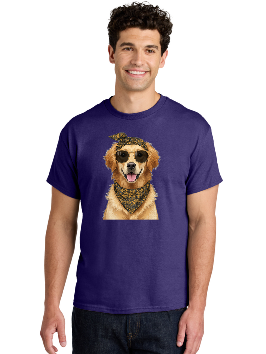 Cool-Dog-3 Men'S Graphic Tee, 100% Cotton, Comfortable Casual Summer Wear, Machine Washable, Happy Dog, Golden Retriever, Sunglasses, Bandana, Cool Dog, Furry Friend, Funky Pet, Trendy Animal, Dog Accessories, Pet Fashion Bab814