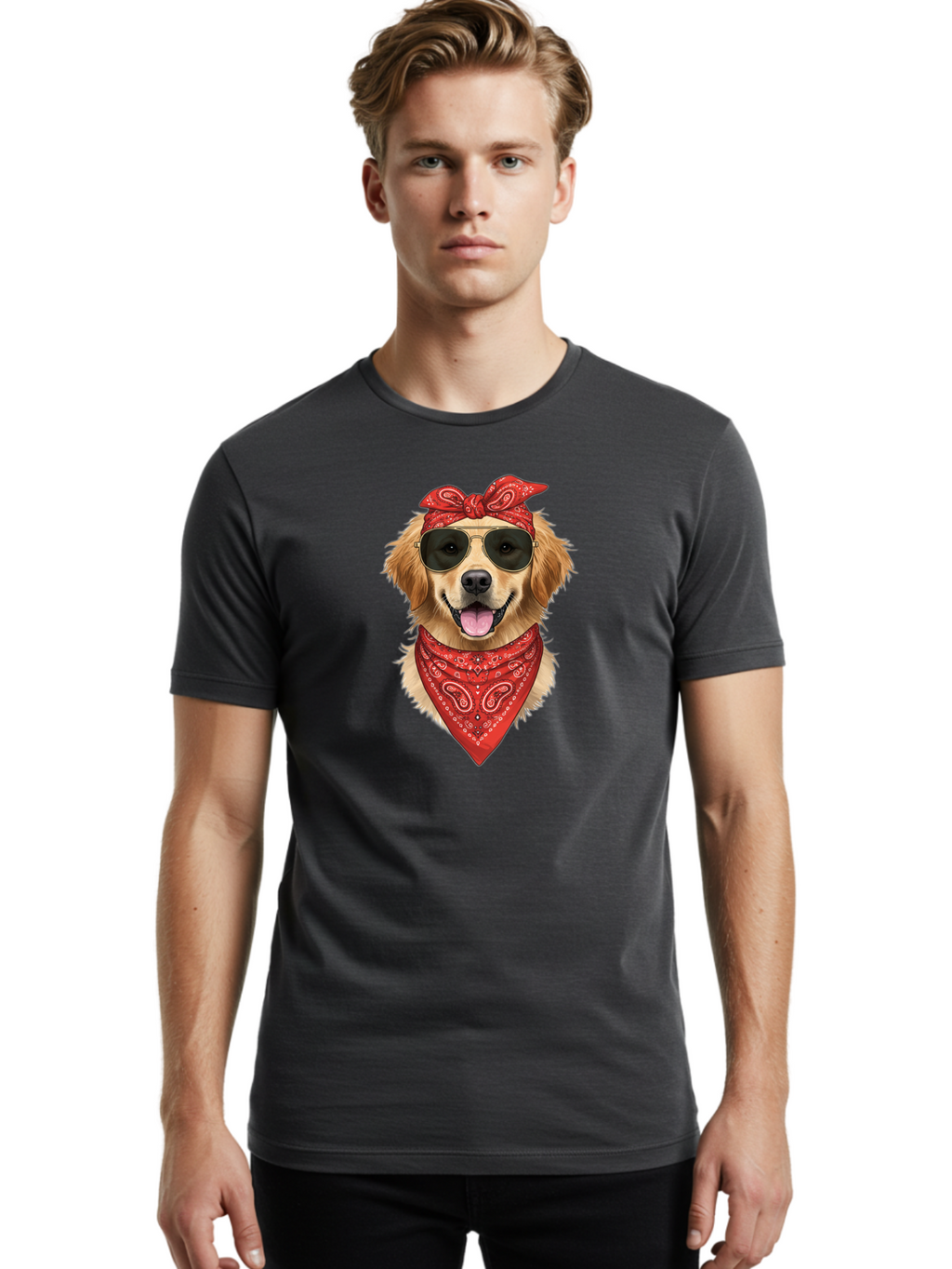 Cool-Dog Men'S Graphic Tee, 100% Cotton, Comfortable Casual Summer Wear, Machine Washable, Golden Retriever Dog, Red Bandana, Sunglasses, Cool Dog, Funny Dog, Dog Portrait, Canine Fashion, Stylish Pet Bab815