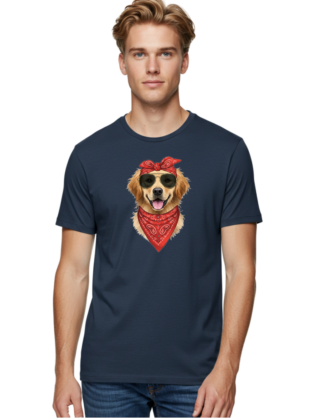 Cool-Dog Men'S Graphic Tee, 100% Cotton, Comfortable Casual Summer Wear, Machine Washable, Golden Retriever Dog, Red Bandana, Sunglasses, Cool Dog, Funny Dog, Dog Portrait, Canine Fashion, Stylish Pet Bab815