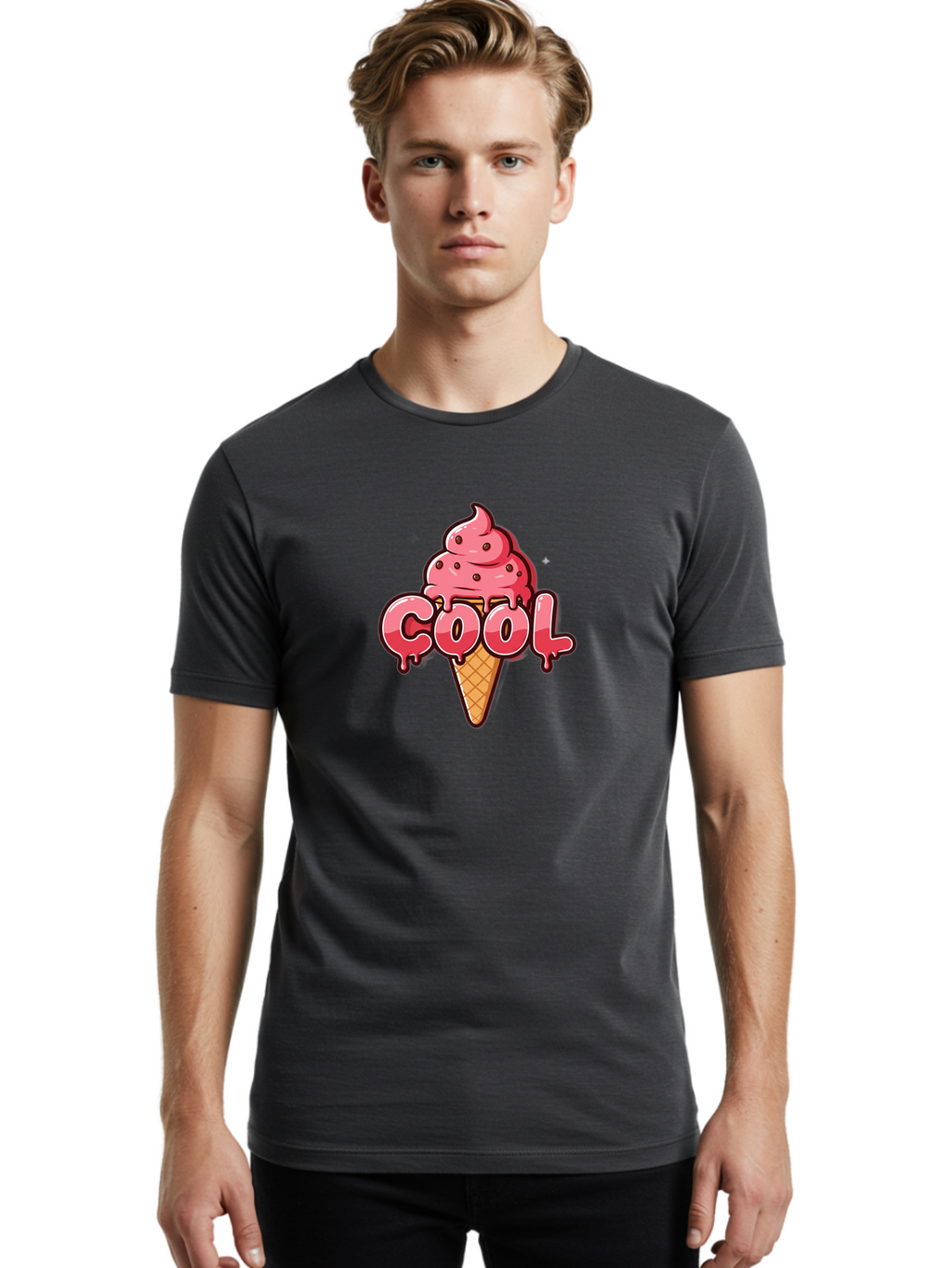 Cool-Ice-Cream Men'S Graphic Tee, 100% Cotton, Comfortable Casual Summer Wear, Machine Washable, Cool Ice Cream, Sweet Treat, Ice Cream Cone, Melting Ice Cream, Dripping Ice Cream, Summer Dessert, Chocolate Chip Ice Cream, Cartoon Illustration Bab816
