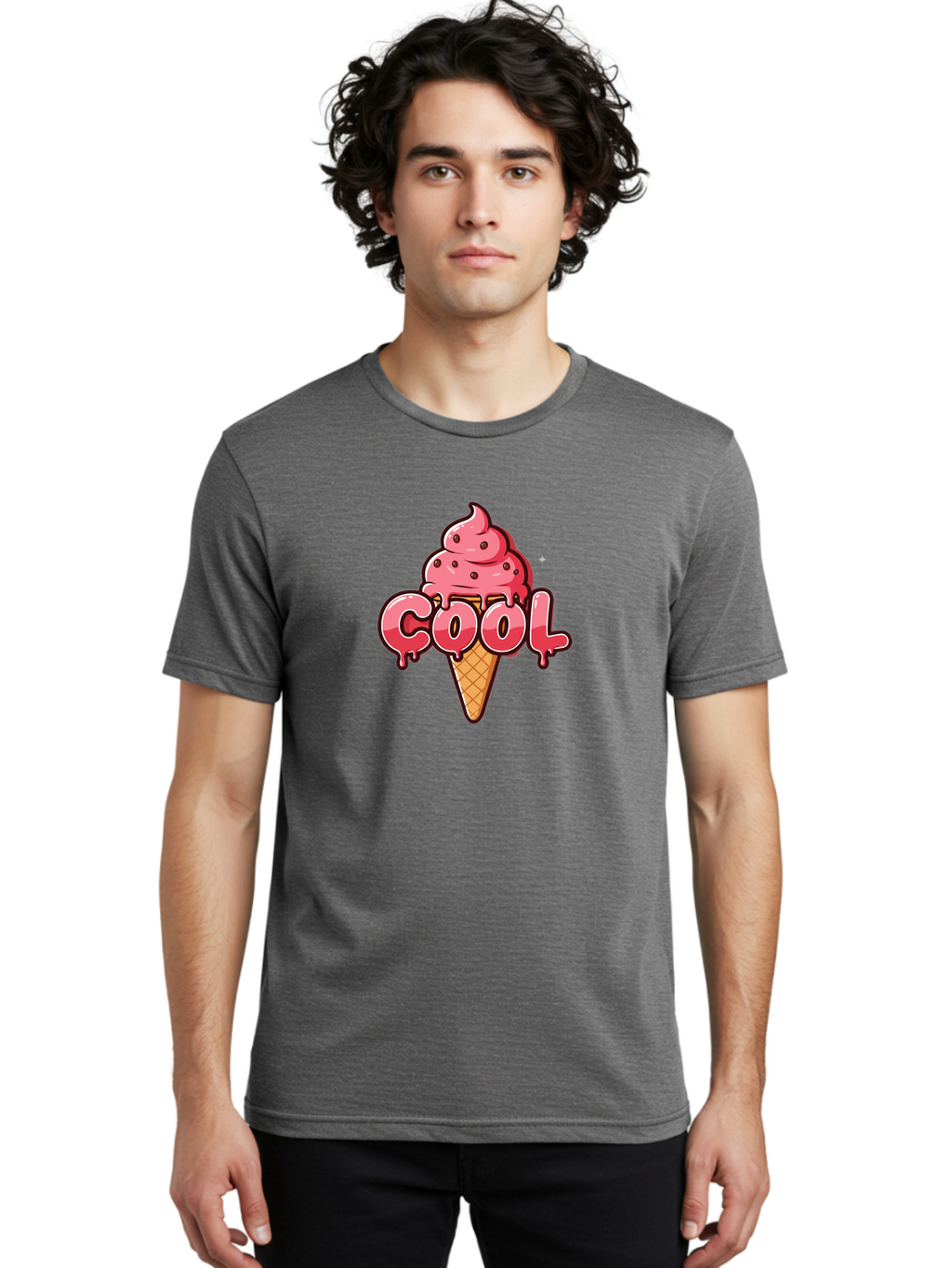 Cool-Ice-Cream Men'S Graphic Tee, 100% Cotton, Comfortable Casual Summer Wear, Machine Washable, Cool Ice Cream, Sweet Treat, Ice Cream Cone, Melting Ice Cream, Dripping Ice Cream, Summer Dessert, Chocolate Chip Ice Cream, Cartoon Illustration Bab816