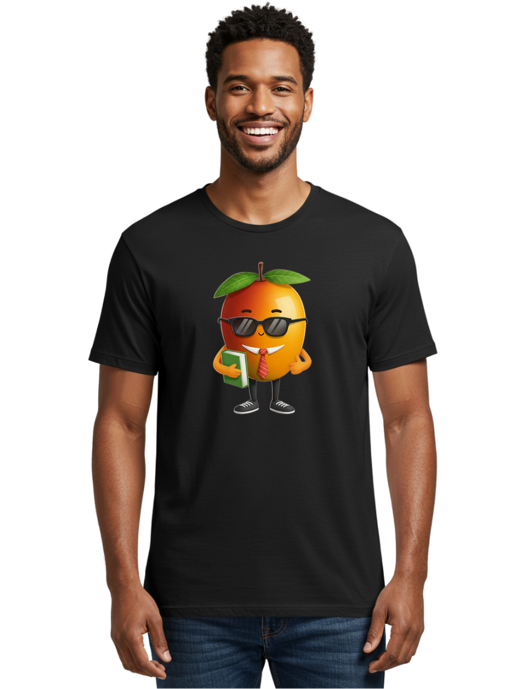 Cool-Orange Men'S Graphic Tee, 100% Cotton, Comfortable Casual Summer Wear, Machine Washable, Cartoon Orange, Sunglasses, Red Tie, Green Book, Black Shoes, Funny Character, Citrus Fruit, Happy Face, Vibrant Orange, Playful Illustration, Bab817