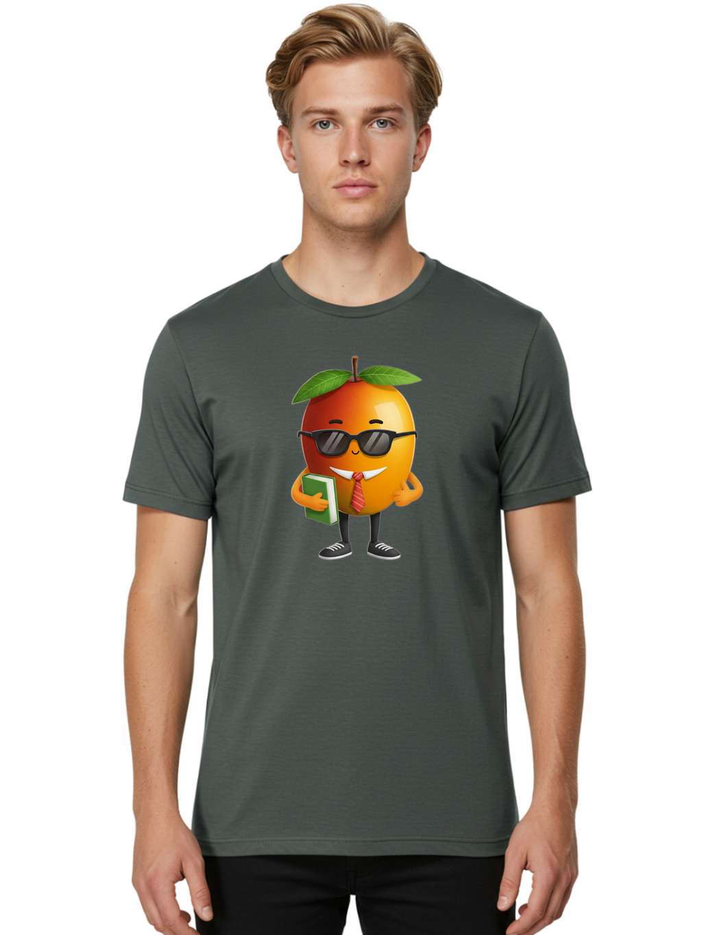 Cool-Orange Men'S Graphic Tee, 100% Cotton, Comfortable Casual Summer Wear, Machine Washable, Cartoon Orange, Sunglasses, Red Tie, Green Book, Black Shoes, Funny Character, Citrus Fruit, Happy Face, Vibrant Orange, Playful Illustration, Bab817