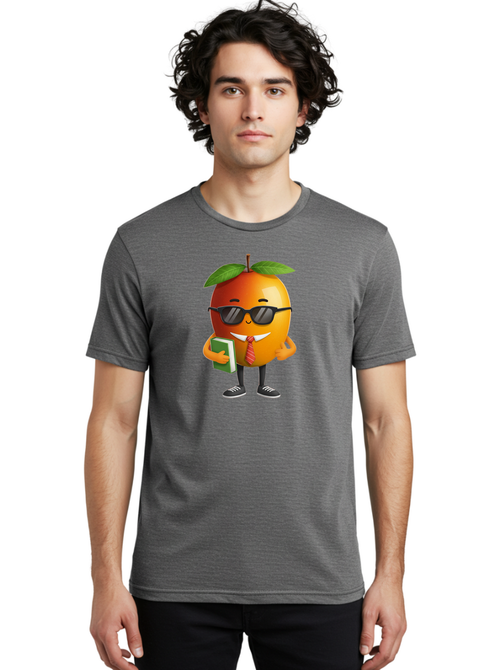 Cool-Orange Men'S Graphic Tee, 100% Cotton, Comfortable Casual Summer Wear, Machine Washable, Cartoon Orange, Sunglasses, Red Tie, Green Book, Black Shoes, Funny Character, Citrus Fruit, Happy Face, Vibrant Orange, Playful Illustration, Bab817