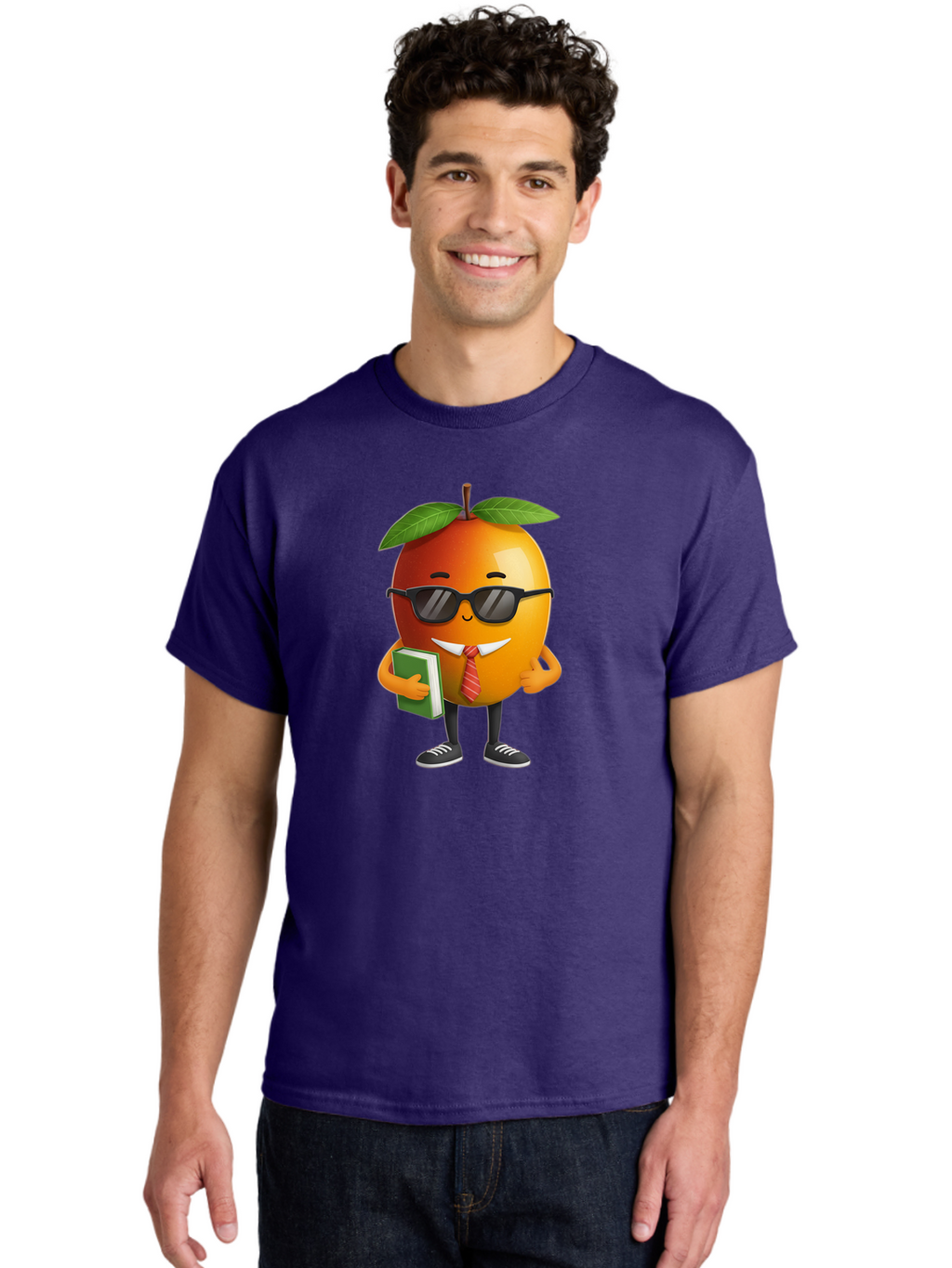 Cool-Orange Men'S Graphic Tee, 100% Cotton, Comfortable Casual Summer Wear, Machine Washable, Cartoon Orange, Sunglasses, Red Tie, Green Book, Black Shoes, Funny Character, Citrus Fruit, Happy Face, Vibrant Orange, Playful Illustration, Bab817