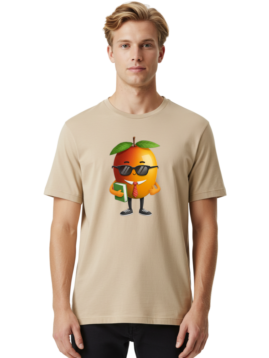 Cool-Orange Men'S Graphic Tee, 100% Cotton, Comfortable Casual Summer Wear, Machine Washable, Cartoon Orange, Sunglasses, Red Tie, Green Book, Black Shoes, Funny Character, Citrus Fruit, Happy Face, Vibrant Orange, Playful Illustration, Bab817
