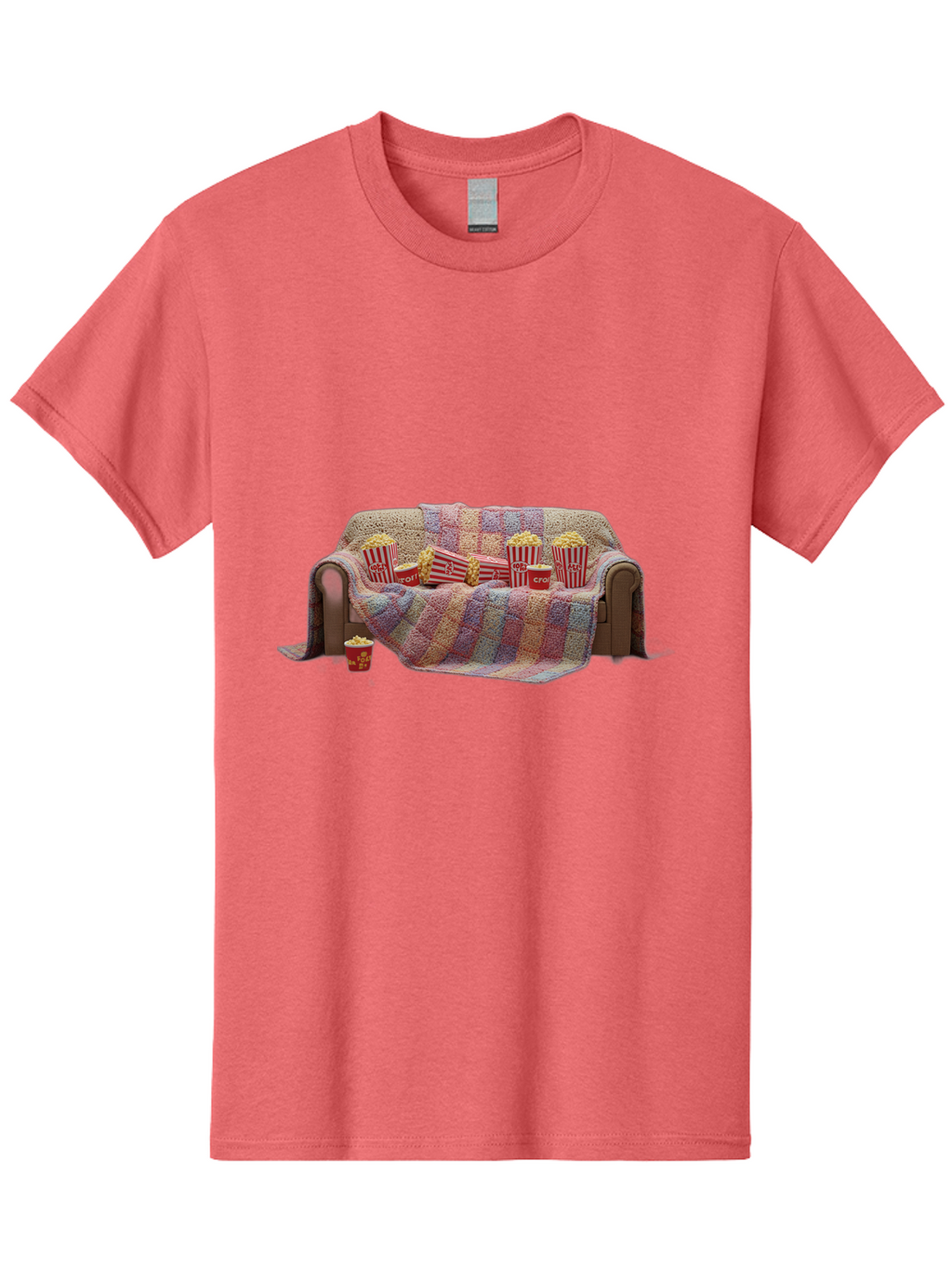 Couch-With-Popcorn-1 Men'S Graphic Tee, 100% Cotton, Comfortable Casual Summer Wear, Machine Washable, Couch With Popcorn, Movie Night Setup, Cozy Atmosphere, Snack Time, Red And White Striped Popcorn Boxes, Crochet Blanket, Home Entertainment Bab820