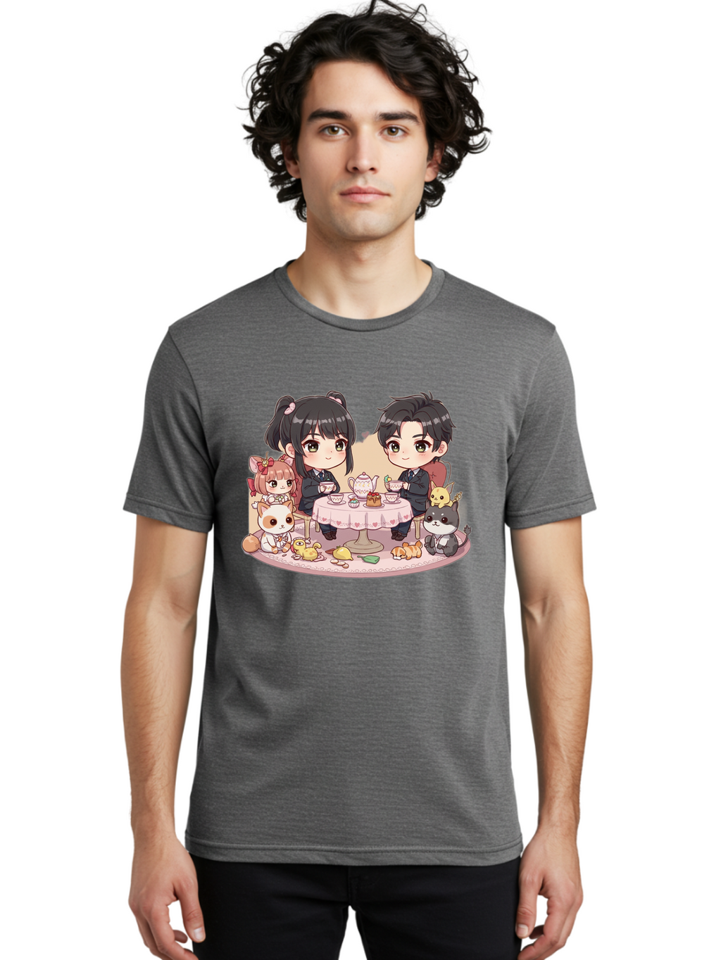 Couple-Having-Tea Men'S Graphic Tee, 100% Cotton, Comfortable Casual Summer Wear, Machine Washable, Couple Having Tea, Cartoon Characters, Anime Style, Tea Party, Adorable Animals, Heartwarming Scene, Tea Cups, Teapot, Sweet Treats, Bab822