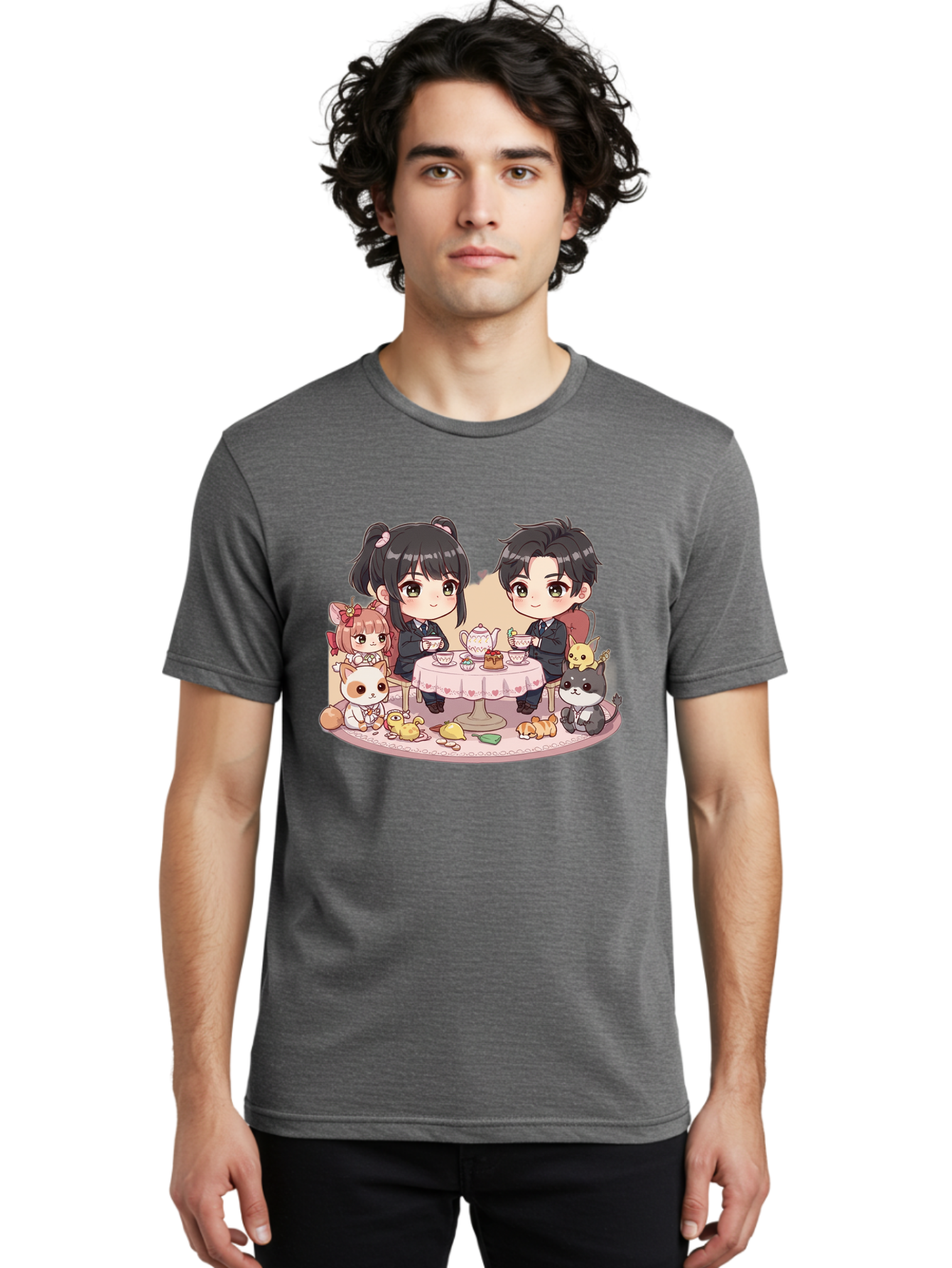 Couple-Having-Tea Men'S Graphic Tee, 100% Cotton, Comfortable Casual Summer Wear, Machine Washable, Couple Having Tea, Cartoon Characters, Anime Style, Tea Party, Adorable Animals, Heartwarming Scene, Tea Cups, Teapot, Sweet Treats, Bab822