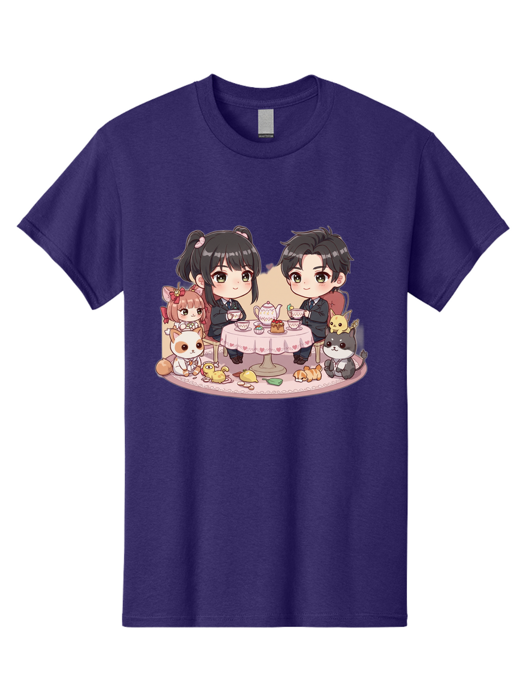Couple-Having-Tea Men'S Graphic Tee, 100% Cotton, Comfortable Casual Summer Wear, Machine Washable, Couple Having Tea, Cartoon Characters, Anime Style, Tea Party, Adorable Animals, Heartwarming Scene, Tea Cups, Teapot, Sweet Treats, Bab822