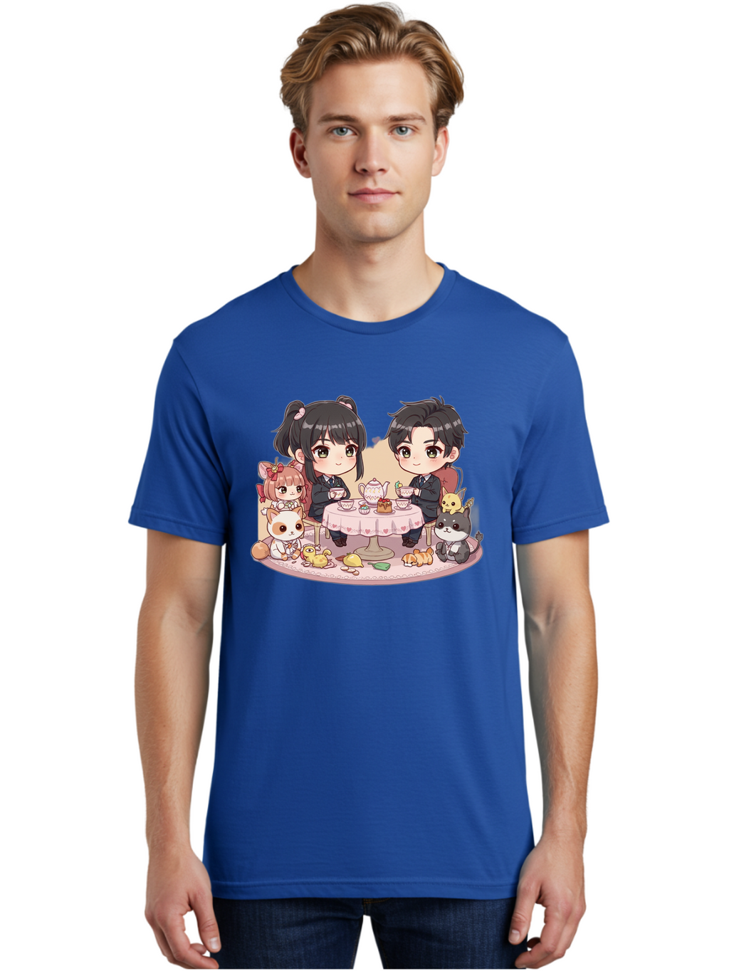 Couple-Having-Tea Men'S Graphic Tee, 100% Cotton, Comfortable Casual Summer Wear, Machine Washable, Couple Having Tea, Cartoon Characters, Anime Style, Tea Party, Adorable Animals, Heartwarming Scene, Tea Cups, Teapot, Sweet Treats, Bab822