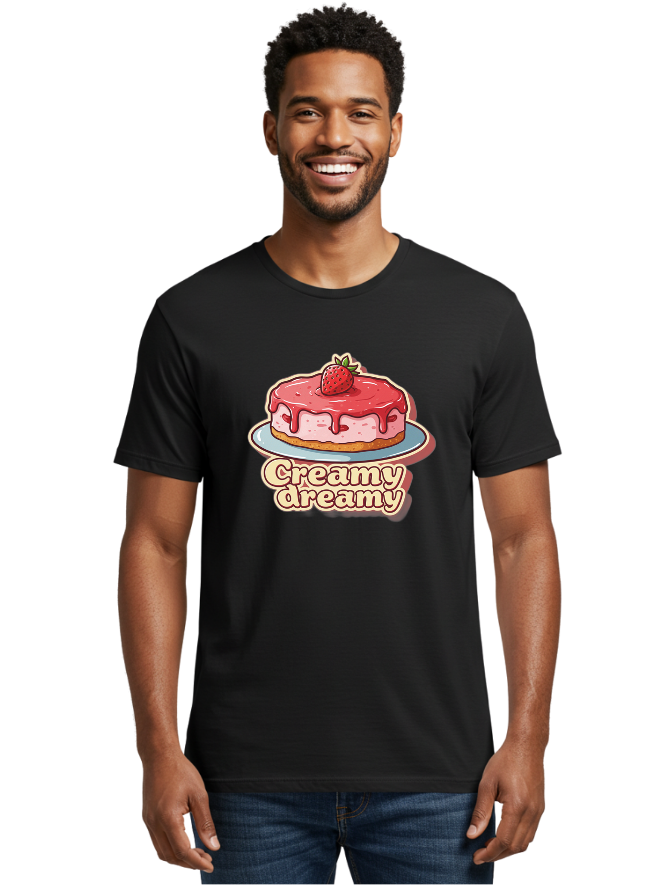 Creamy-Dreamy Men'S Graphic Tee, 100% Cotton, Comfortable Casual Summer Wear, Machine Washable, Strawberry Cheesecake, Sweet Treats, Dessert Lover, Pink Frosting, Strawberry Topping, Creamy Texture, Dreamy Delights, Foodie Art, Bab823