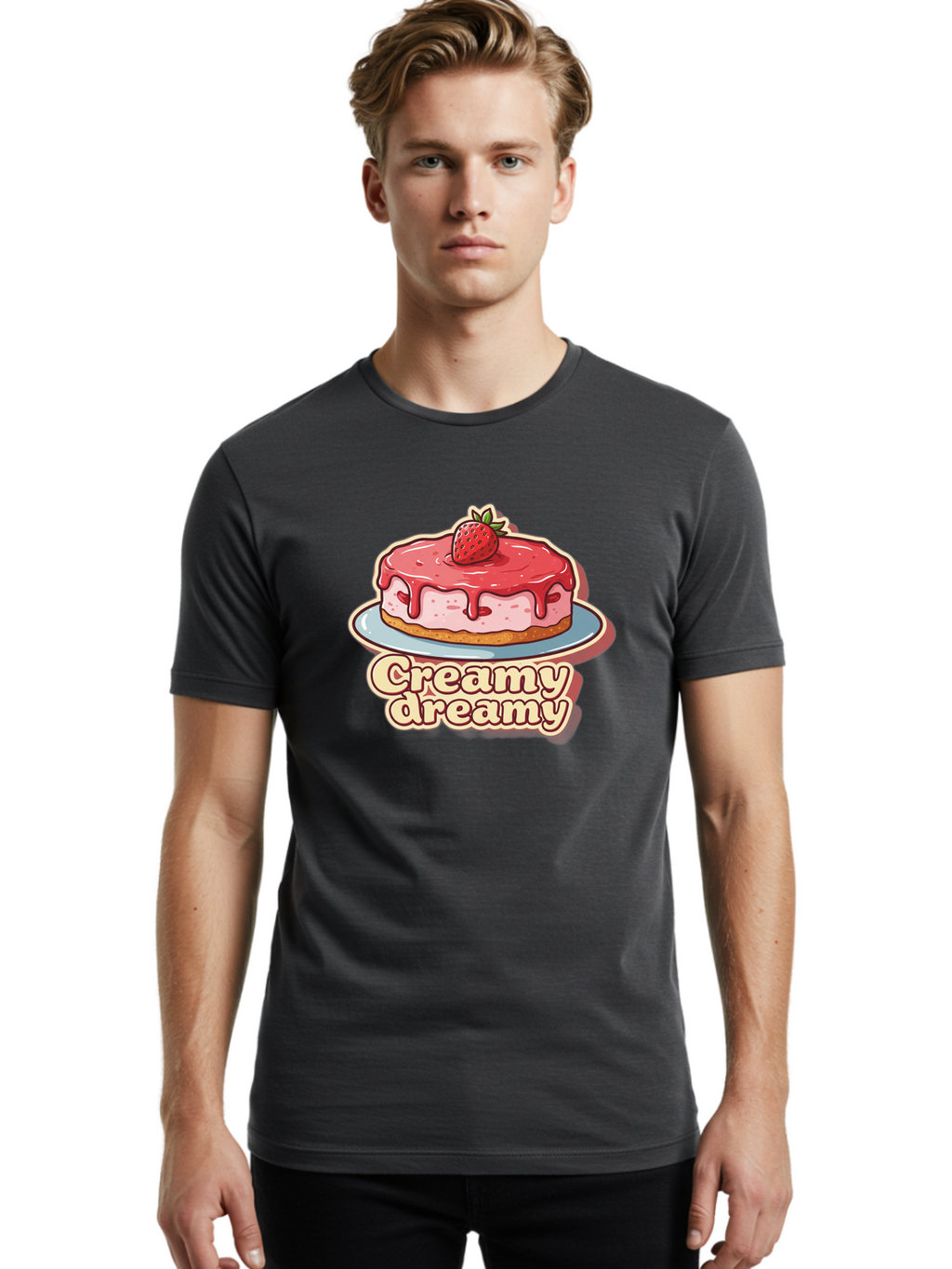 Creamy-Dreamy Men'S Graphic Tee, 100% Cotton, Comfortable Casual Summer Wear, Machine Washable, Strawberry Cheesecake, Sweet Treats, Dessert Lover, Pink Frosting, Strawberry Topping, Creamy Texture, Dreamy Delights, Foodie Art, Bab823