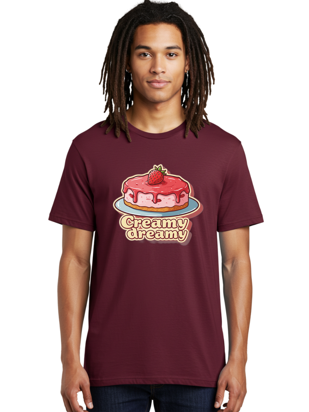 Creamy-Dreamy Men'S Graphic Tee, 100% Cotton, Comfortable Casual Summer Wear, Machine Washable, Strawberry Cheesecake, Sweet Treats, Dessert Lover, Pink Frosting, Strawberry Topping, Creamy Texture, Dreamy Delights, Foodie Art, Bab823