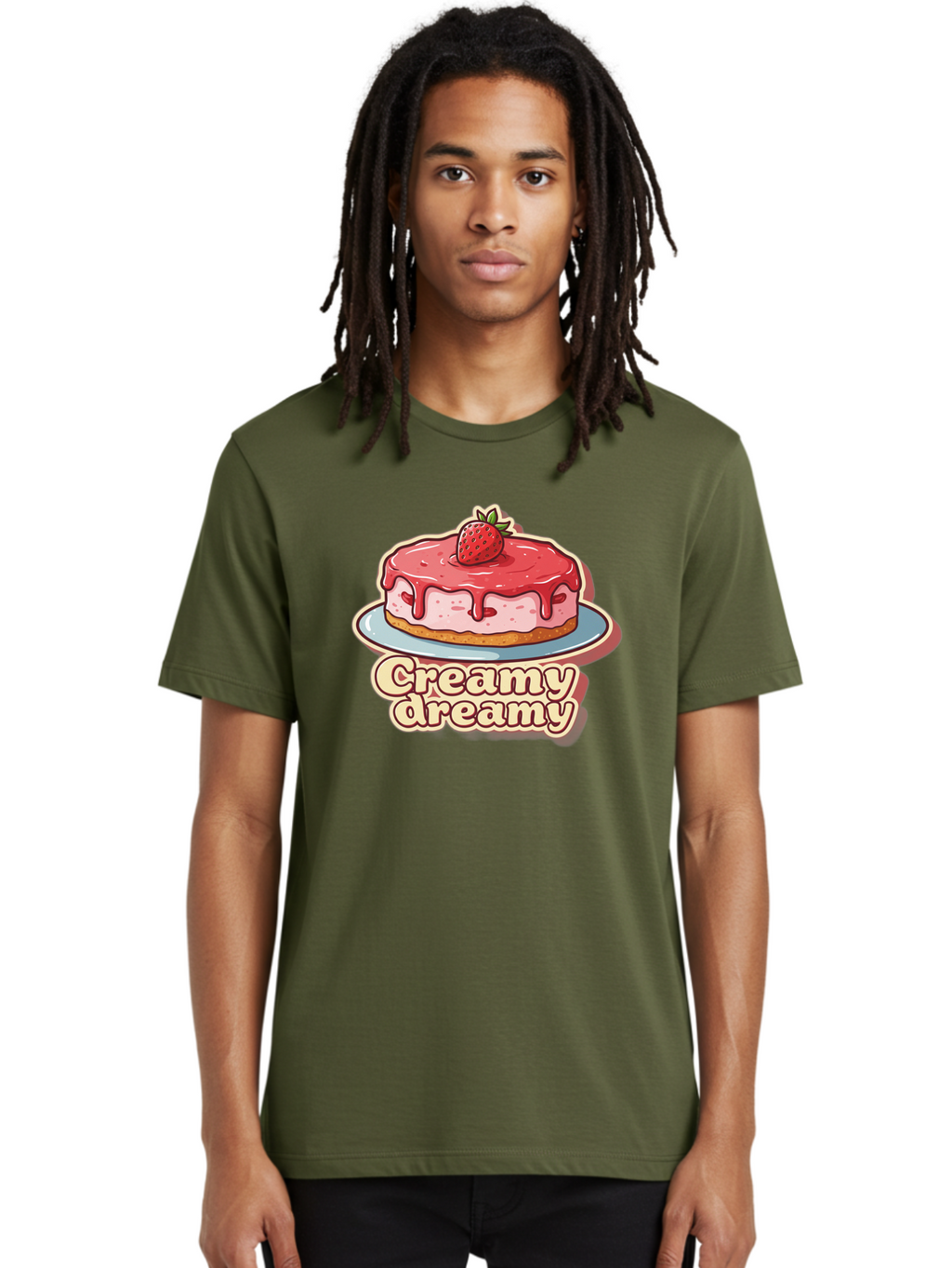 Creamy-Dreamy Men'S Graphic Tee, 100% Cotton, Comfortable Casual Summer Wear, Machine Washable, Strawberry Cheesecake, Sweet Treats, Dessert Lover, Pink Frosting, Strawberry Topping, Creamy Texture, Dreamy Delights, Foodie Art, Bab823