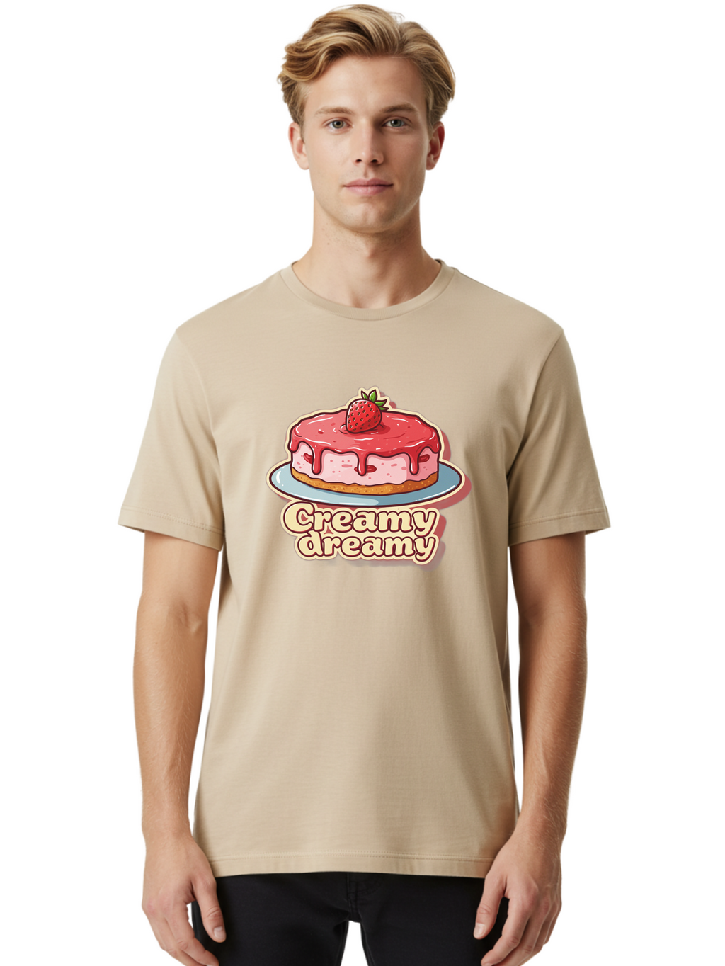 Creamy-Dreamy Men'S Graphic Tee, 100% Cotton, Comfortable Casual Summer Wear, Machine Washable, Strawberry Cheesecake, Sweet Treats, Dessert Lover, Pink Frosting, Strawberry Topping, Creamy Texture, Dreamy Delights, Foodie Art, Bab823