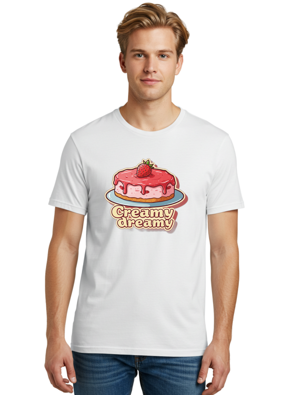 Creamy-Dreamy Men'S Graphic Tee, 100% Cotton, Comfortable Casual Summer Wear, Machine Washable, Strawberry Cheesecake, Sweet Treats, Dessert Lover, Pink Frosting, Strawberry Topping, Creamy Texture, Dreamy Delights, Foodie Art, Bab823