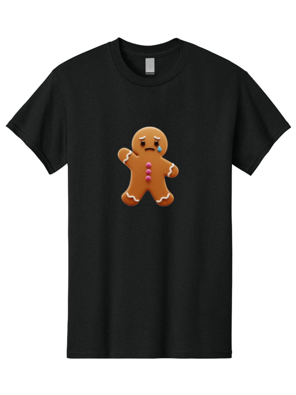 Crying-Gingerbread-Man Men'S Graphic Tee, 100% Cotton, Comfortable Casual Summer Wear, Machine Washable, Gingerbread Man, Sad Face, Crying, Unhappy Expression, Frowning, Pink Candy Buttons, White Icing Details, Cartoon Character, Bab825