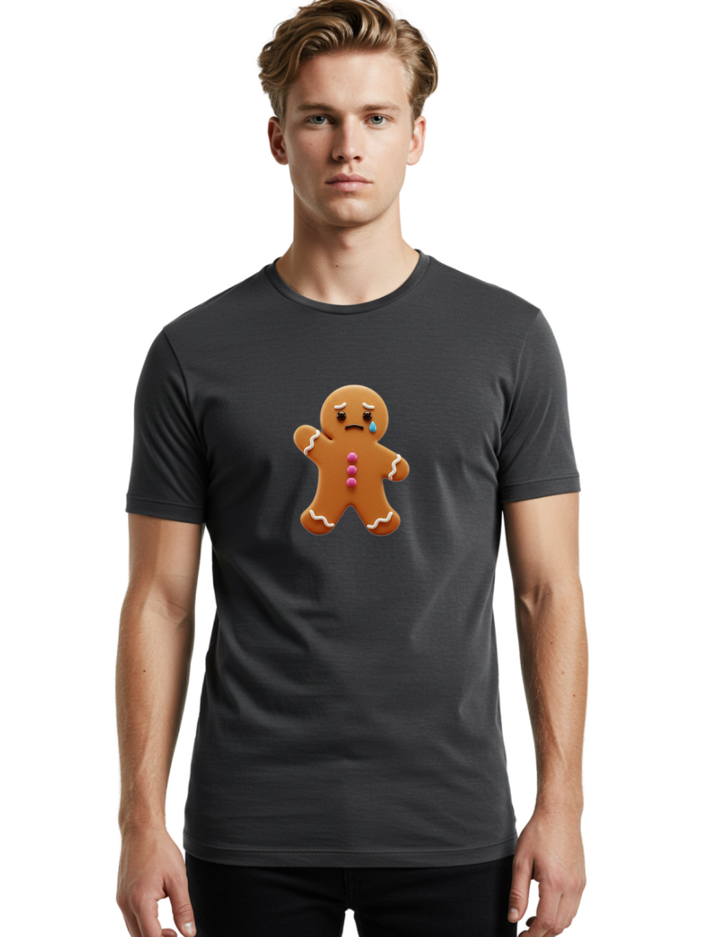 Crying-Gingerbread-Man Men'S Graphic Tee, 100% Cotton, Comfortable Casual Summer Wear, Machine Washable, Gingerbread Man, Sad Face, Crying, Unhappy Expression, Frowning, Pink Candy Buttons, White Icing Details, Cartoon Character, Bab825
