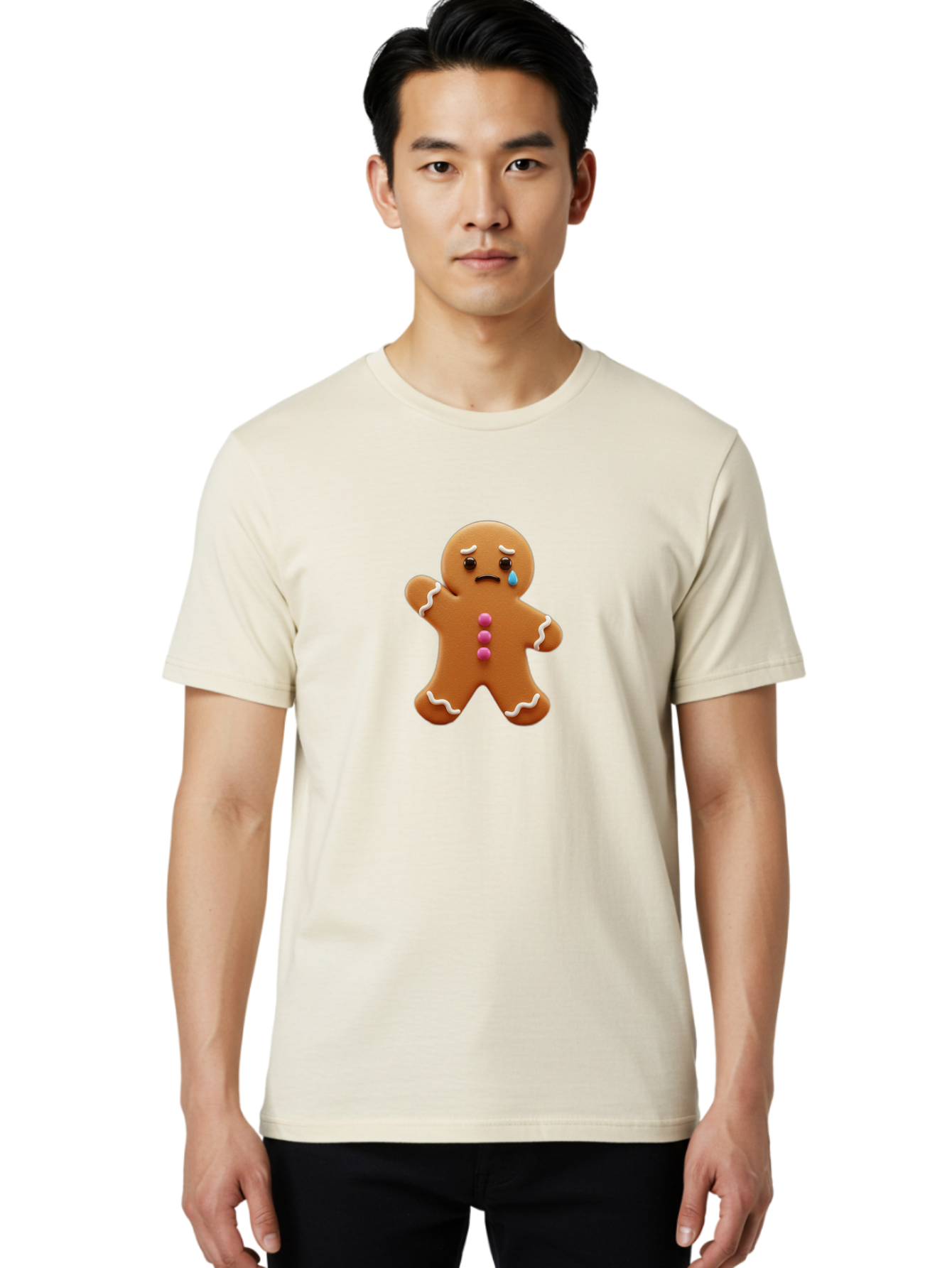 Crying-Gingerbread-Man Men'S Graphic Tee, 100% Cotton, Comfortable Casual Summer Wear, Machine Washable, Gingerbread Man, Sad Face, Crying, Unhappy Expression, Frowning, Pink Candy Buttons, White Icing Details, Cartoon Character, Bab825