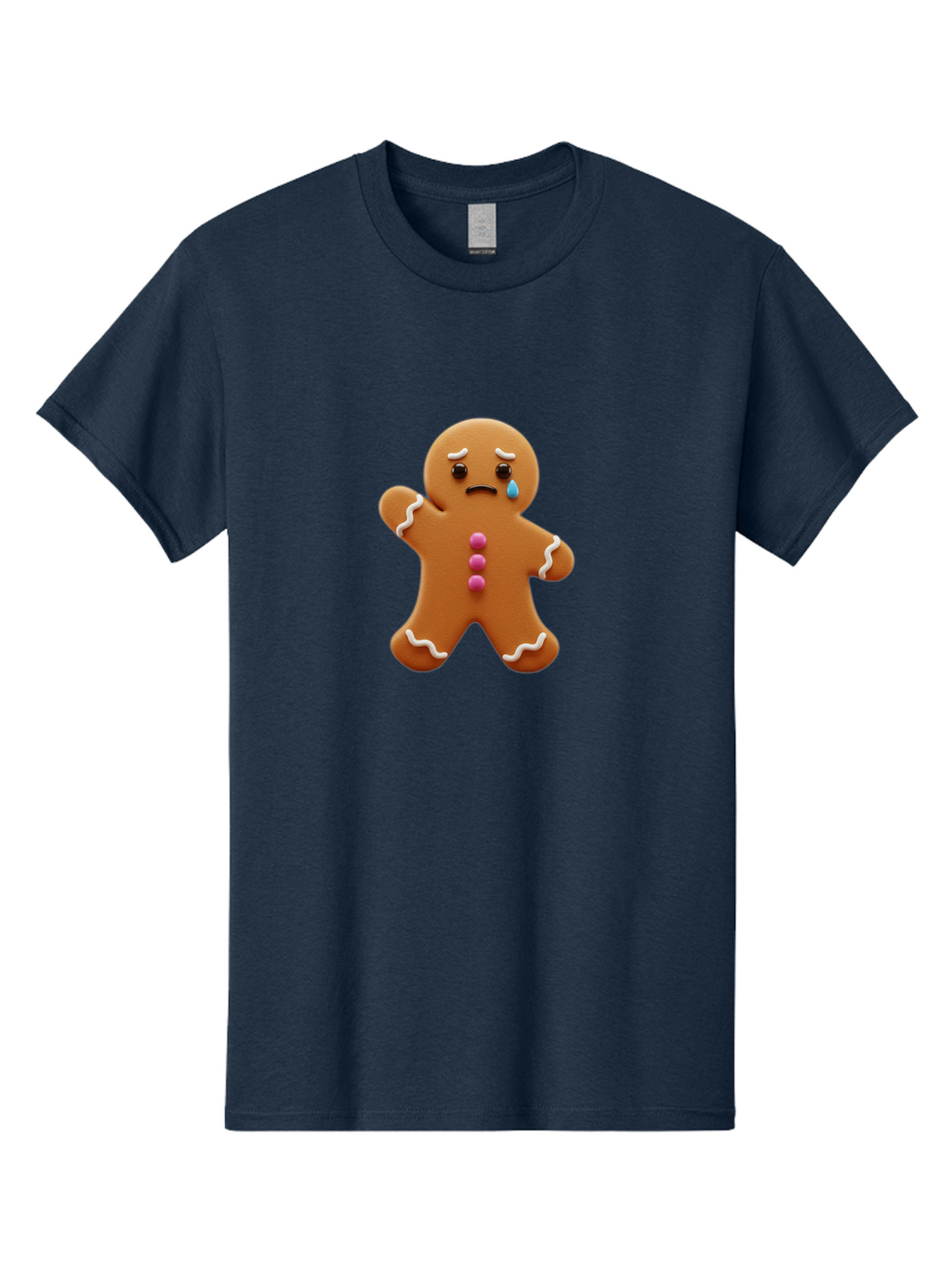 Crying-Gingerbread-Man Men'S Graphic Tee, 100% Cotton, Comfortable Casual Summer Wear, Machine Washable, Gingerbread Man, Sad Face, Crying, Unhappy Expression, Frowning, Pink Candy Buttons, White Icing Details, Cartoon Character, Bab825