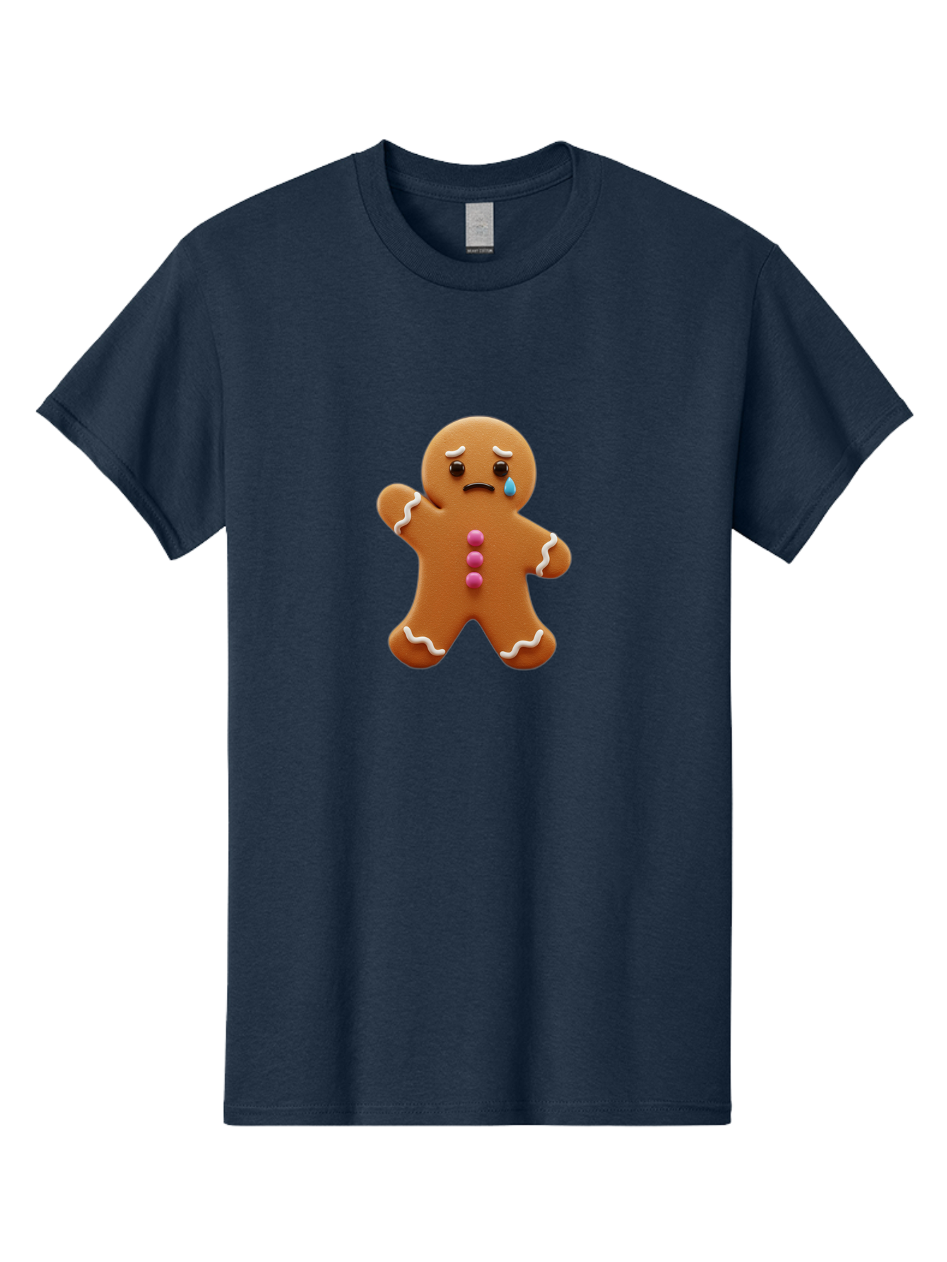 Crying-Gingerbread-Man Men'S Graphic Tee, 100% Cotton, Comfortable Casual Summer Wear, Machine Washable, Gingerbread Man, Sad Face, Crying, Unhappy Expression, Frowning, Pink Candy Buttons, White Icing Details, Cartoon Character, Bab825