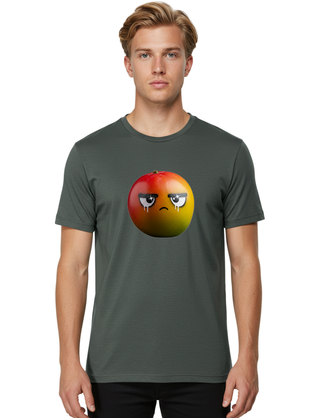 Crying-Mango-1 Men'S Graphic Tee, 100% Cotton, Comfortable Casual Summer Wear, Machine Washable, Mango With Sad Face, Crying Fruit, Distressed Expression, Emotional Fruit, Vibrant Colors, Artistic Design, Creative Illustration, Digital Art, Bab826