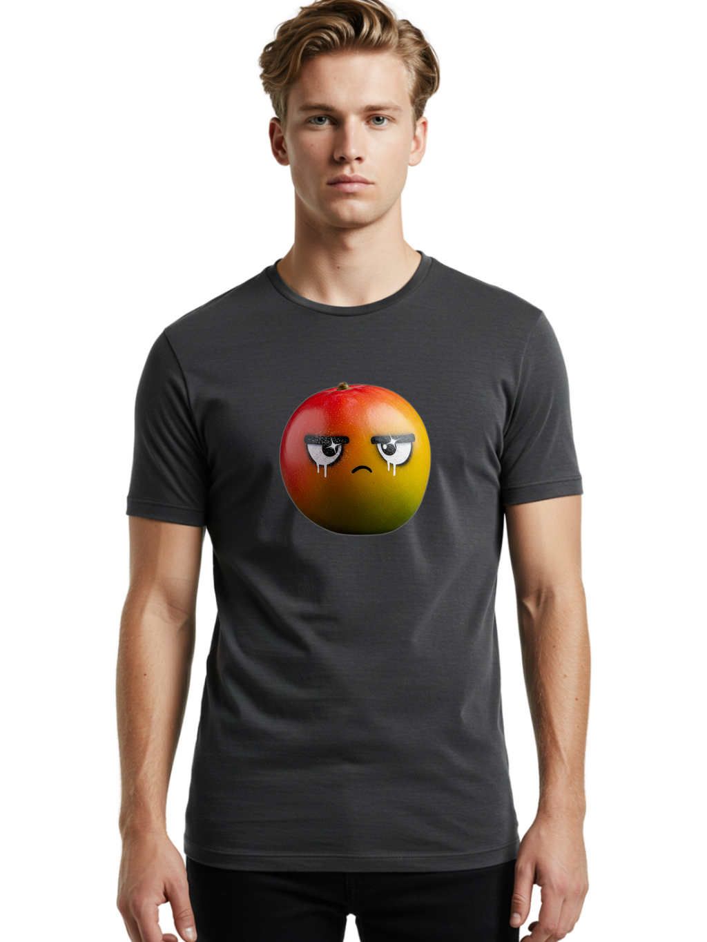 Crying-Mango-1 Men'S Graphic Tee, 100% Cotton, Comfortable Casual Summer Wear, Machine Washable, Mango With Sad Face, Crying Fruit, Distressed Expression, Emotional Fruit, Vibrant Colors, Artistic Design, Creative Illustration, Digital Art, Bab826