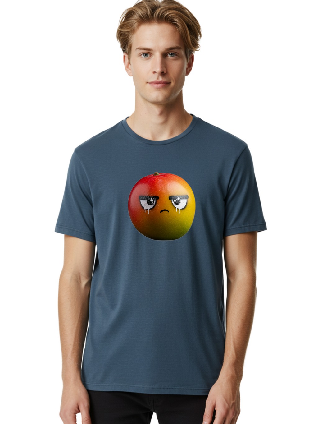 Crying-Mango-1 Men'S Graphic Tee, 100% Cotton, Comfortable Casual Summer Wear, Machine Washable, Mango With Sad Face, Crying Fruit, Distressed Expression, Emotional Fruit, Vibrant Colors, Artistic Design, Creative Illustration, Digital Art, Bab826