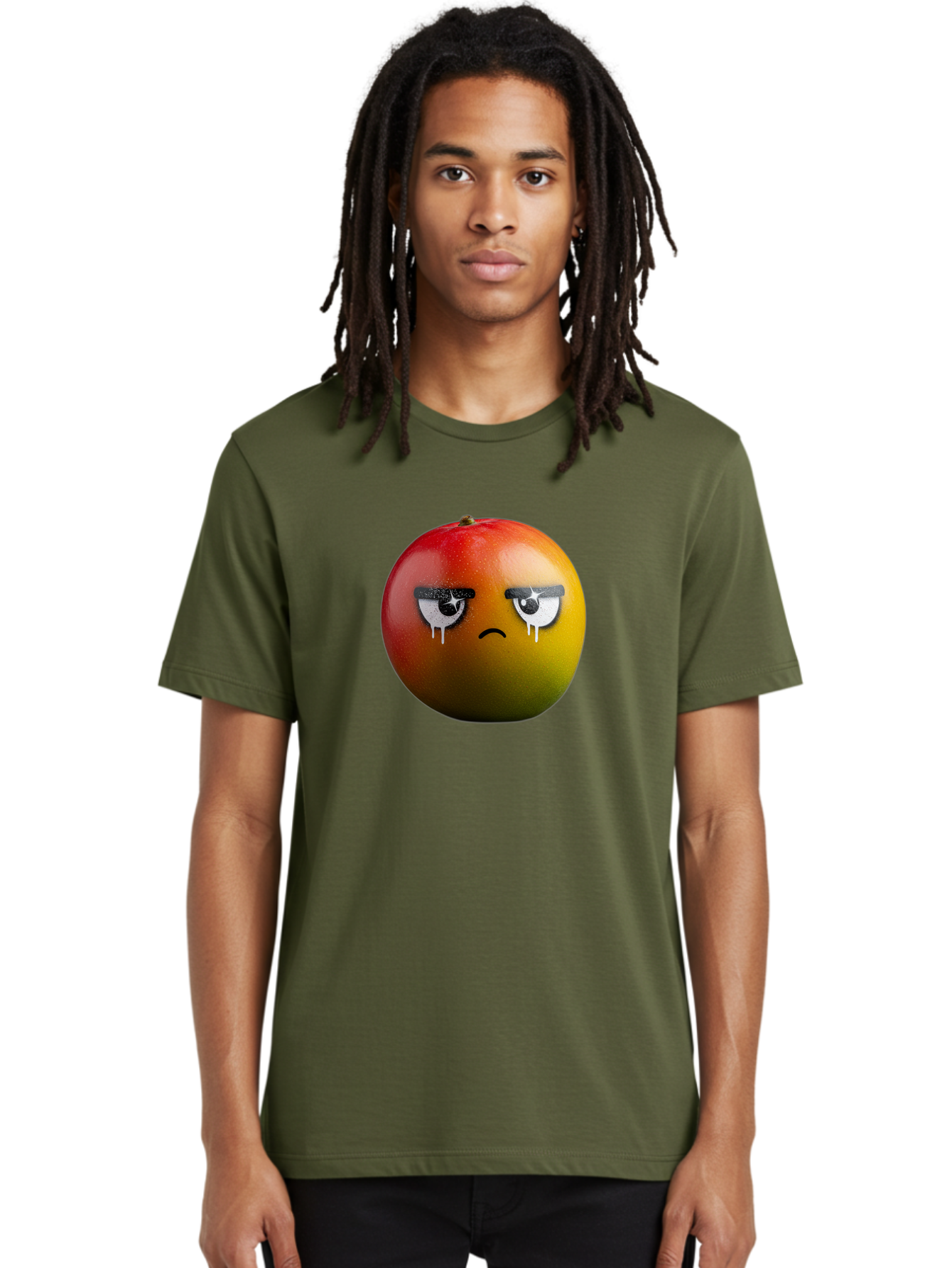 Crying-Mango-1 Men'S Graphic Tee, 100% Cotton, Comfortable Casual Summer Wear, Machine Washable, Mango With Sad Face, Crying Fruit, Distressed Expression, Emotional Fruit, Vibrant Colors, Artistic Design, Creative Illustration, Digital Art, Bab826